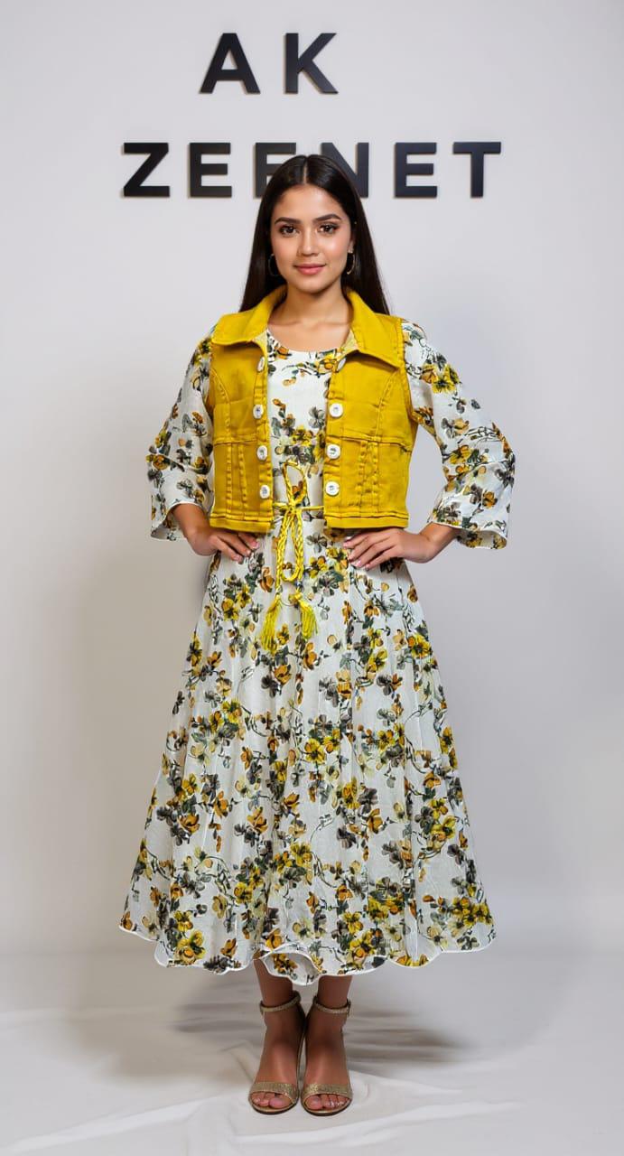 Yellow Floral Maxi Dress with Crop Jacket for Women set of 6 Pieces