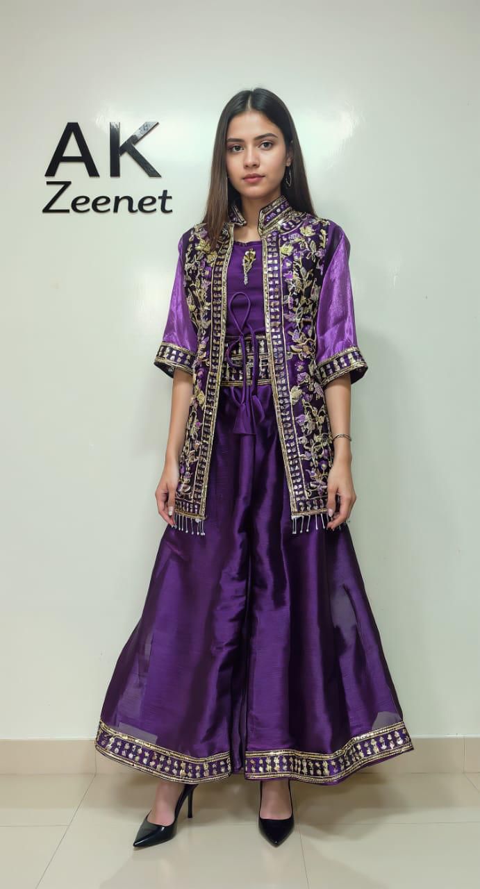 Women’s Purple Embroidered Palazzo Set with Long Jacket set of 6 pieces