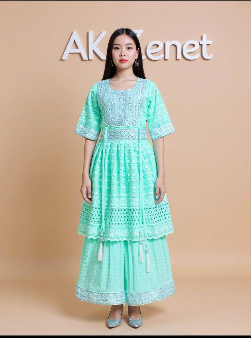 Mint Embroidered Festive Co-Ord Set with Sheer Palazzo & Tassel Belt set of 6 pieces