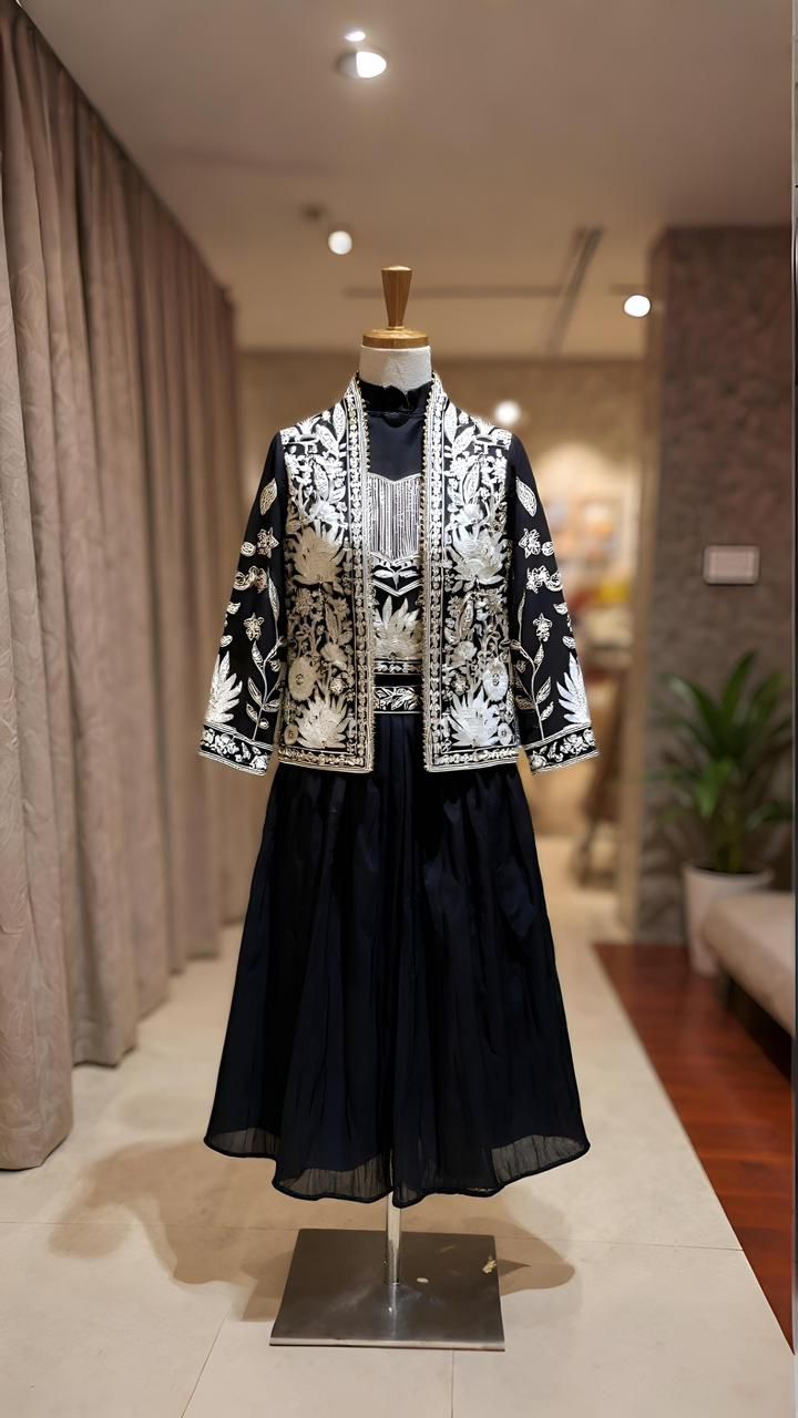 Women’s Black Embroidered Sheer Dress with Ornate Jacket set of 6 pieces