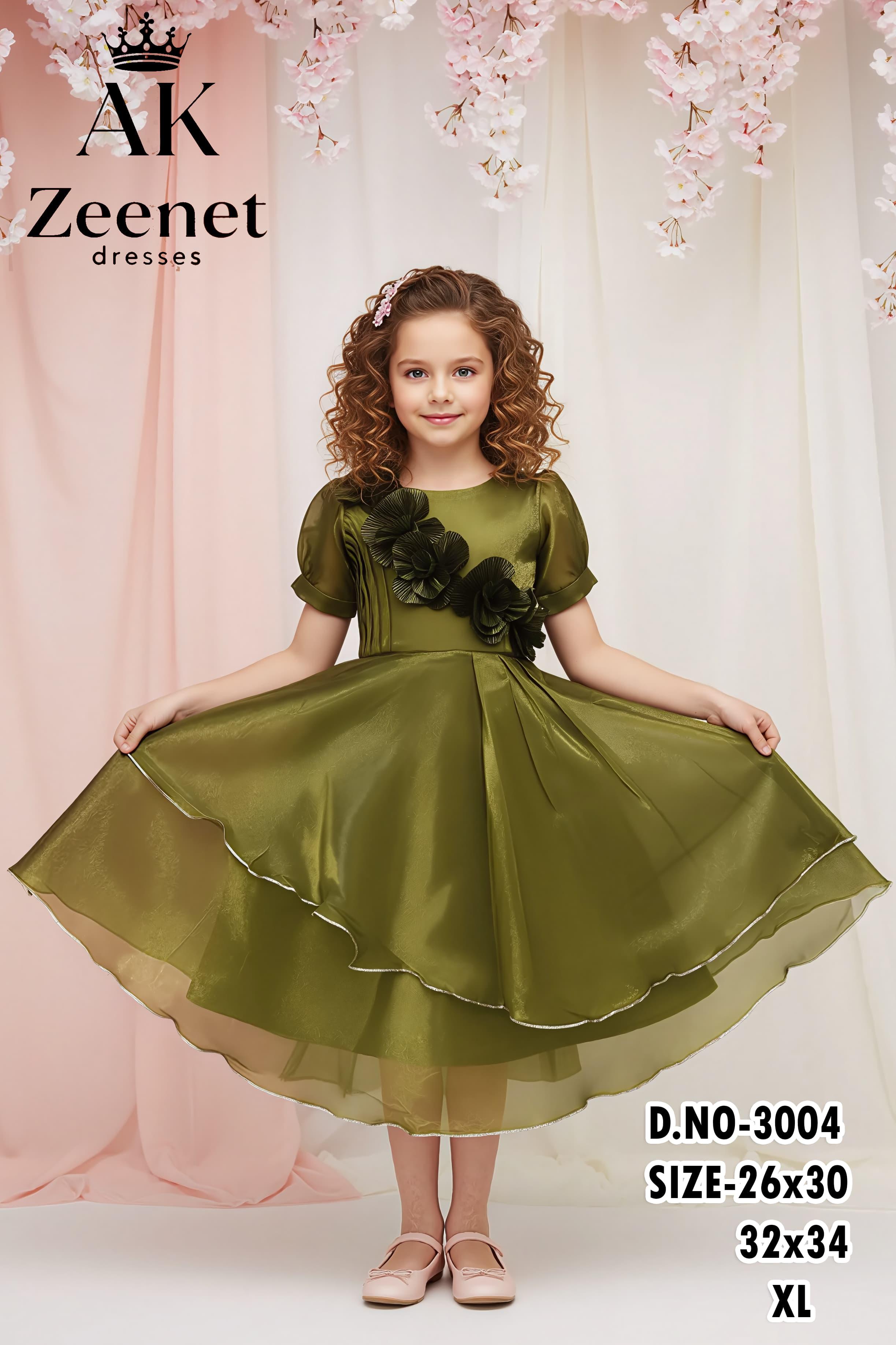 Girls’ Olive Green Layered with Puff Sleeves & Floral Bodice set of 6 pieces