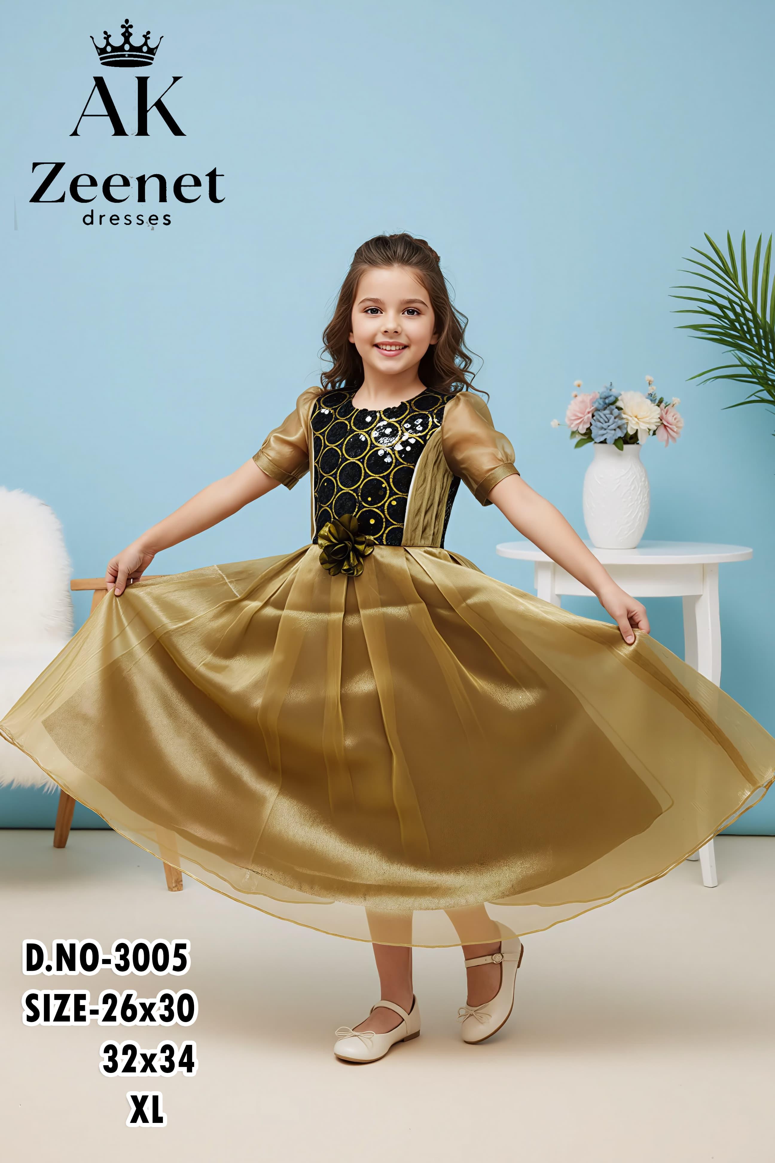 Girls’ Golden Flared Party Gown with Black Embroidered Bodice Set of 6 pieces