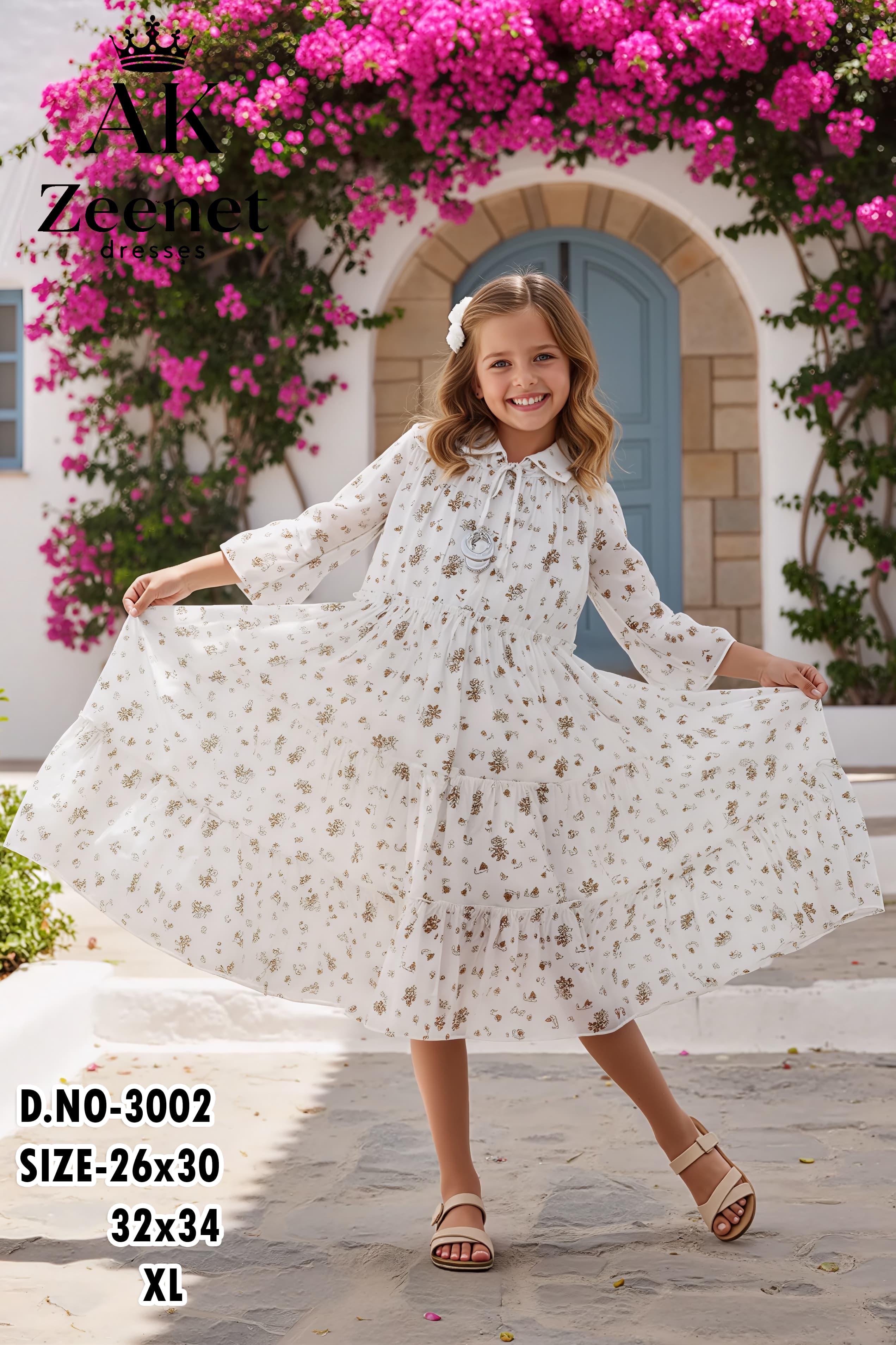 Girls’ White Floral Printed Maxi Dress with Bow Neck & Tiered Skirt set of 6 pieces