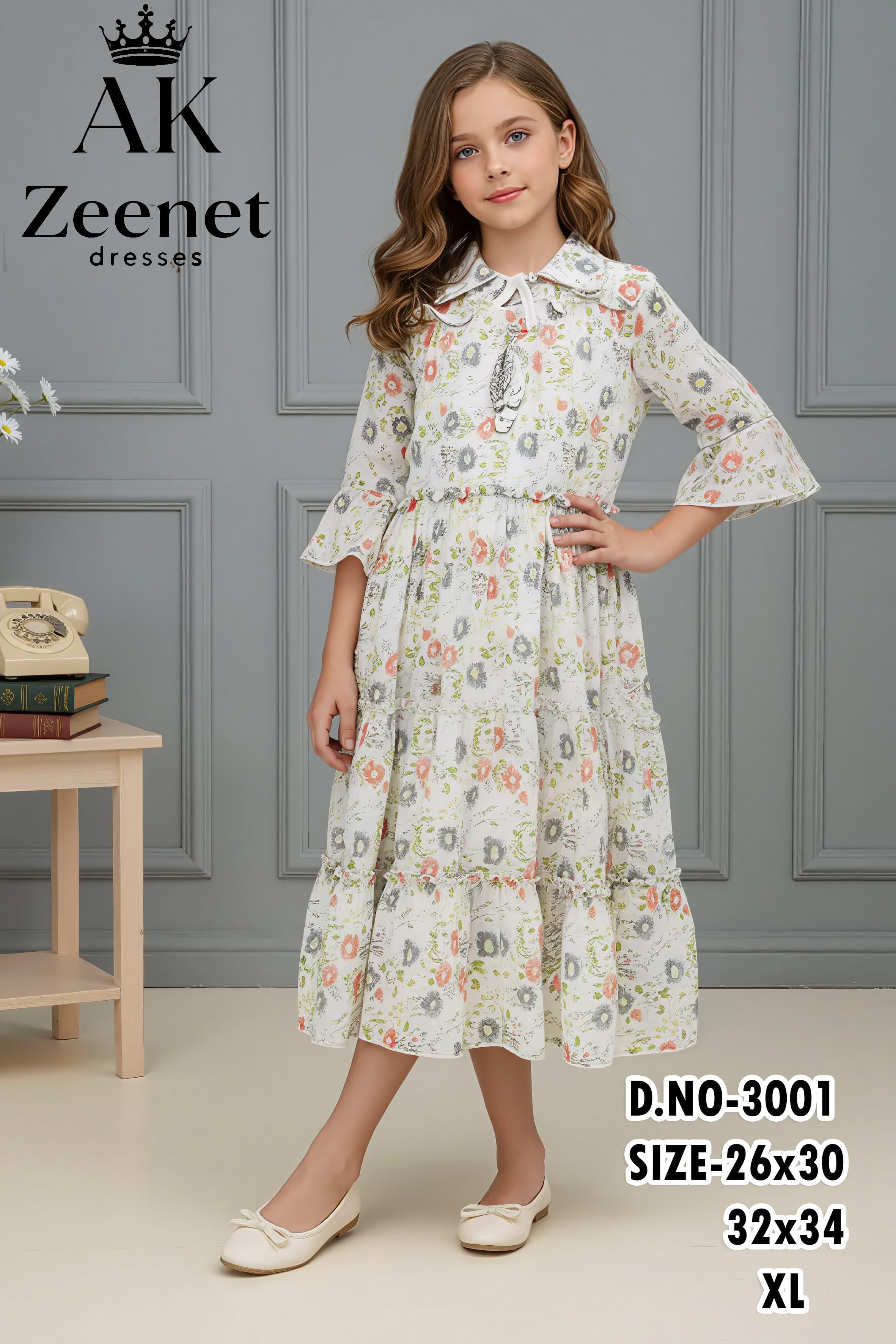 Girls’ White Floral Printed Tiered Dress with Tie-Neck & Bell Sleeves set of 6 pieces