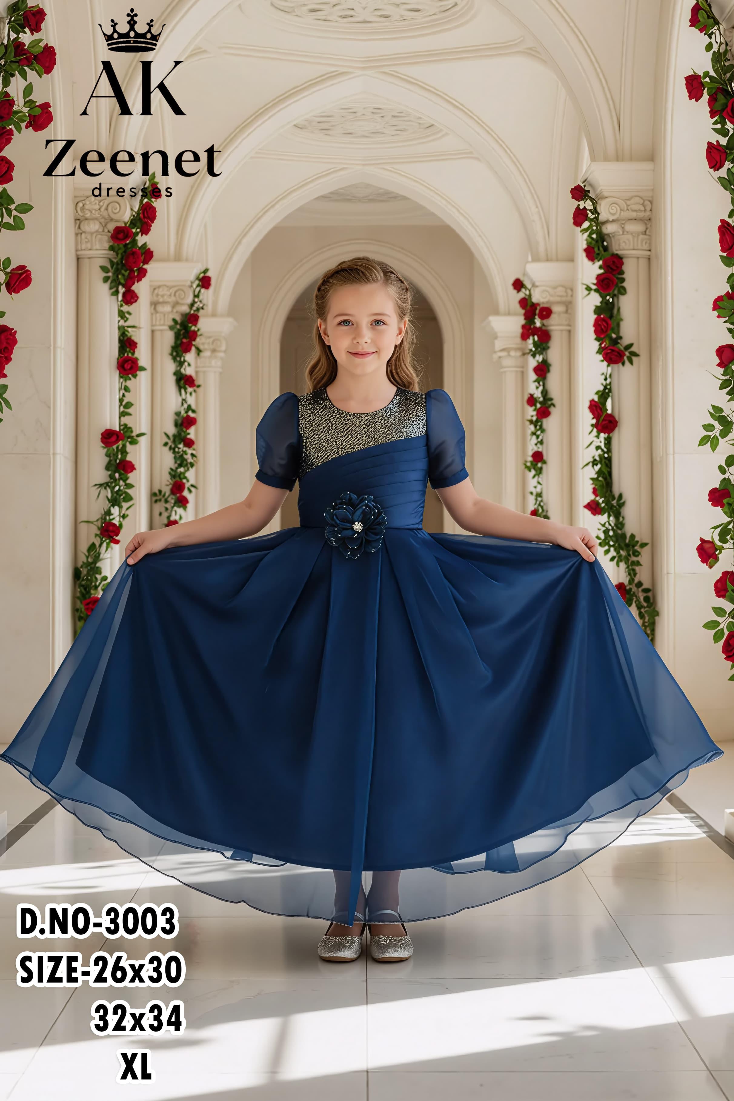 Girls’ Navy Blue Glitter Bodice Gown with Puff Sleeves & Floral Waist Accent set of 6 pieces