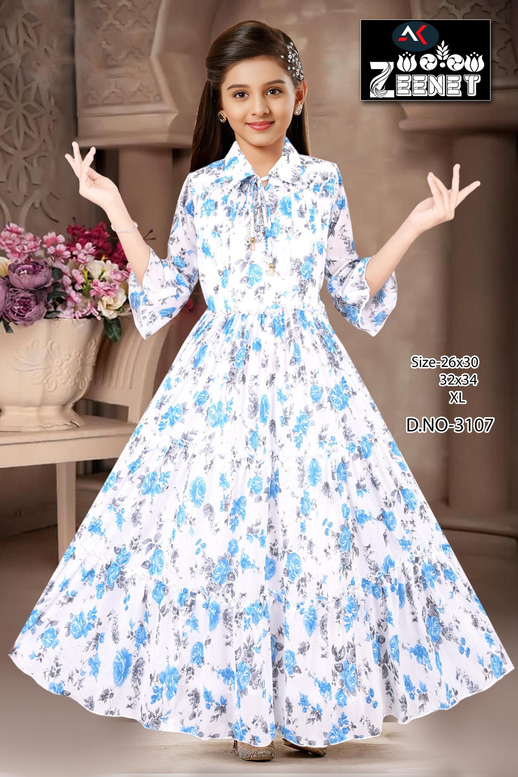 Girls’ White & Blue Floral Maxi Dress with Bow Collar & Tiered Skirt set of 6 pieces
