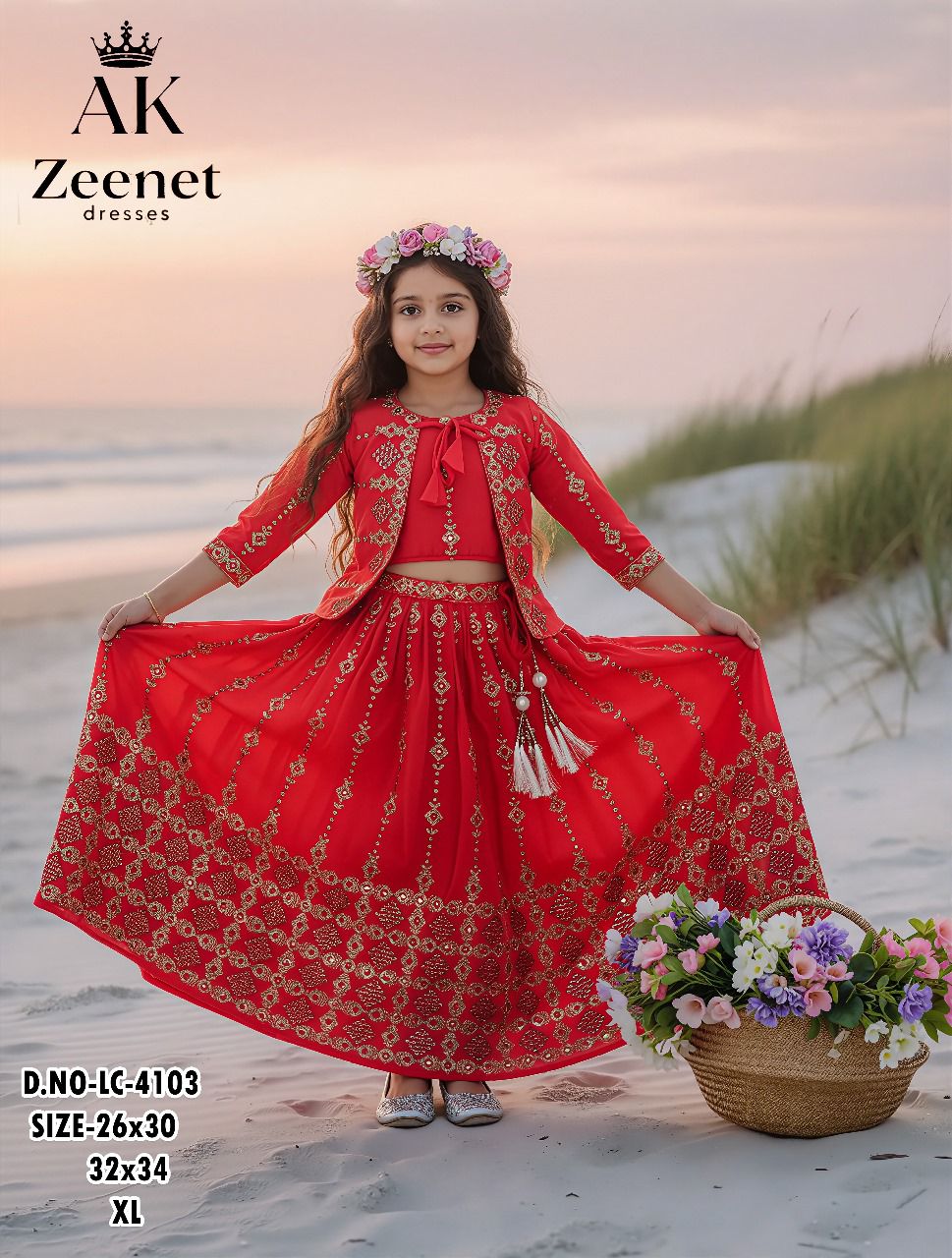 Girls’ Red Embroidered Lehenga Choli Set with Tassel Waist & Floral Headband set of 6 pieces