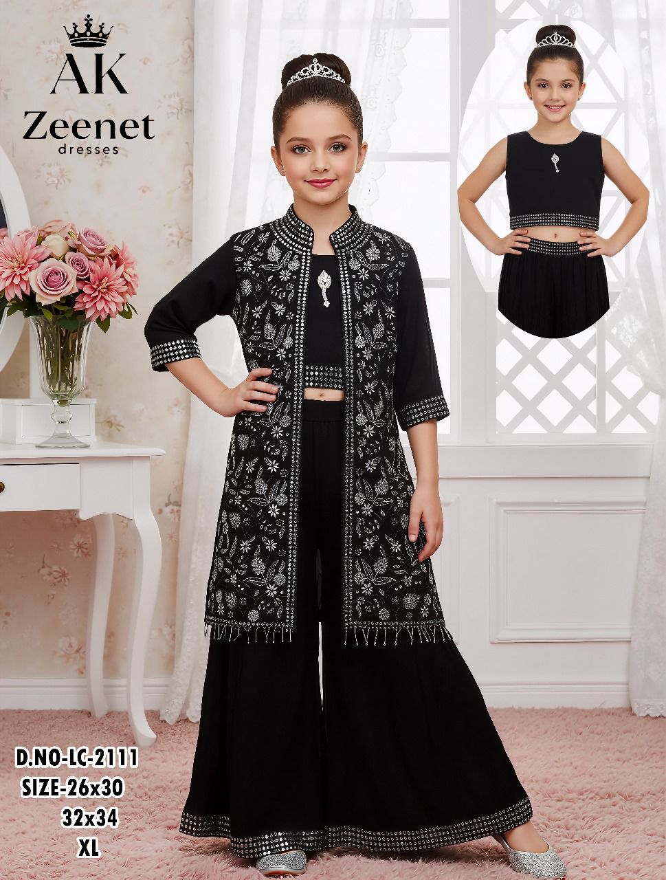 Girls’ Black Embroidered 2-in-1 Palazzo Set with Crop Top & Jacket set of 6 pieces