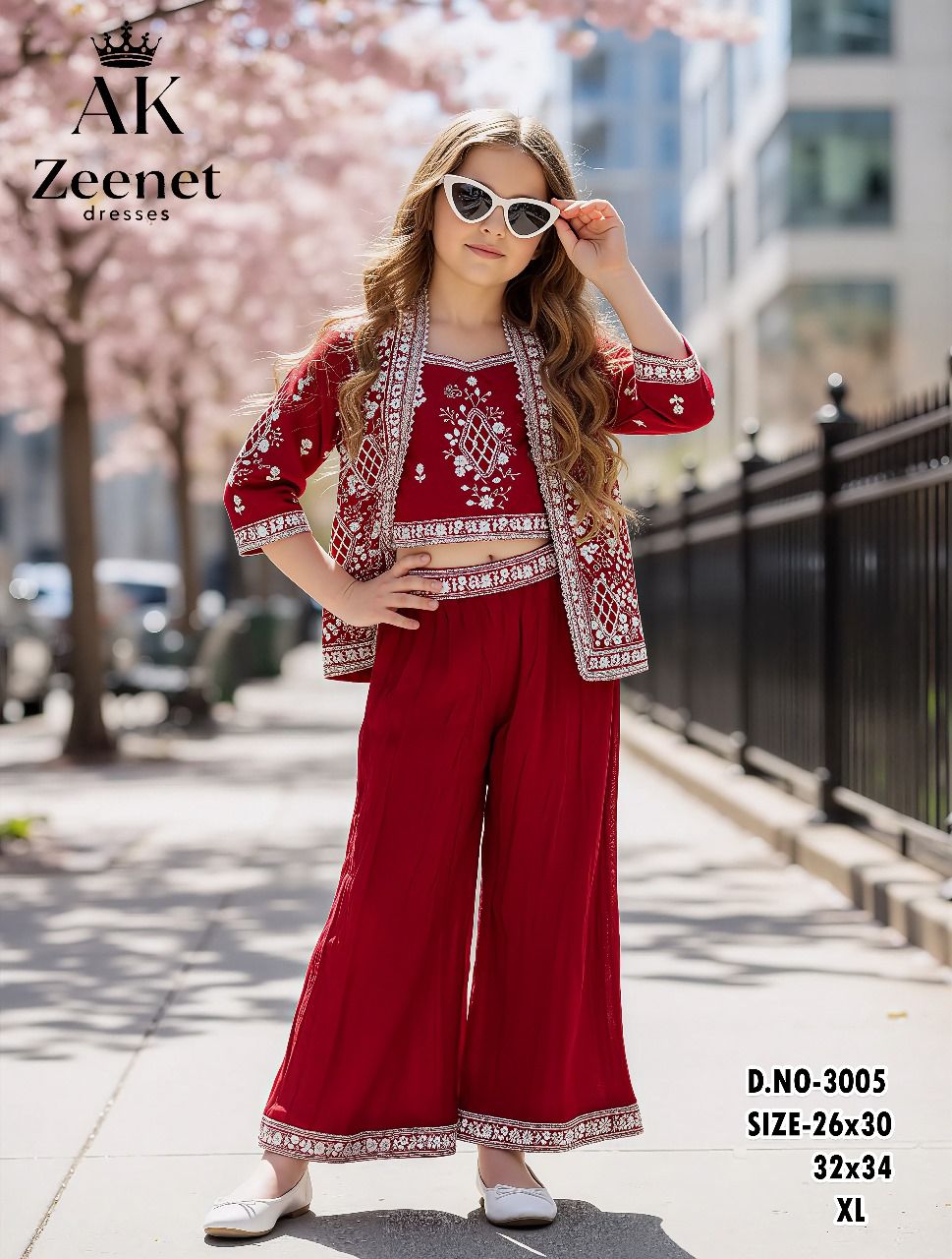 Girls’ Red Embroidered Palazzo Set with Crop Top & Jacket Set of 6 pieces