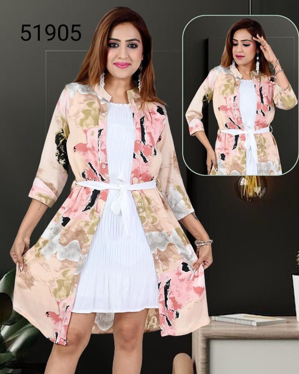 Multicolor Abstract Print Longline Shrug with Waist Belt & White Pleated Inner Dress set of 6 piece