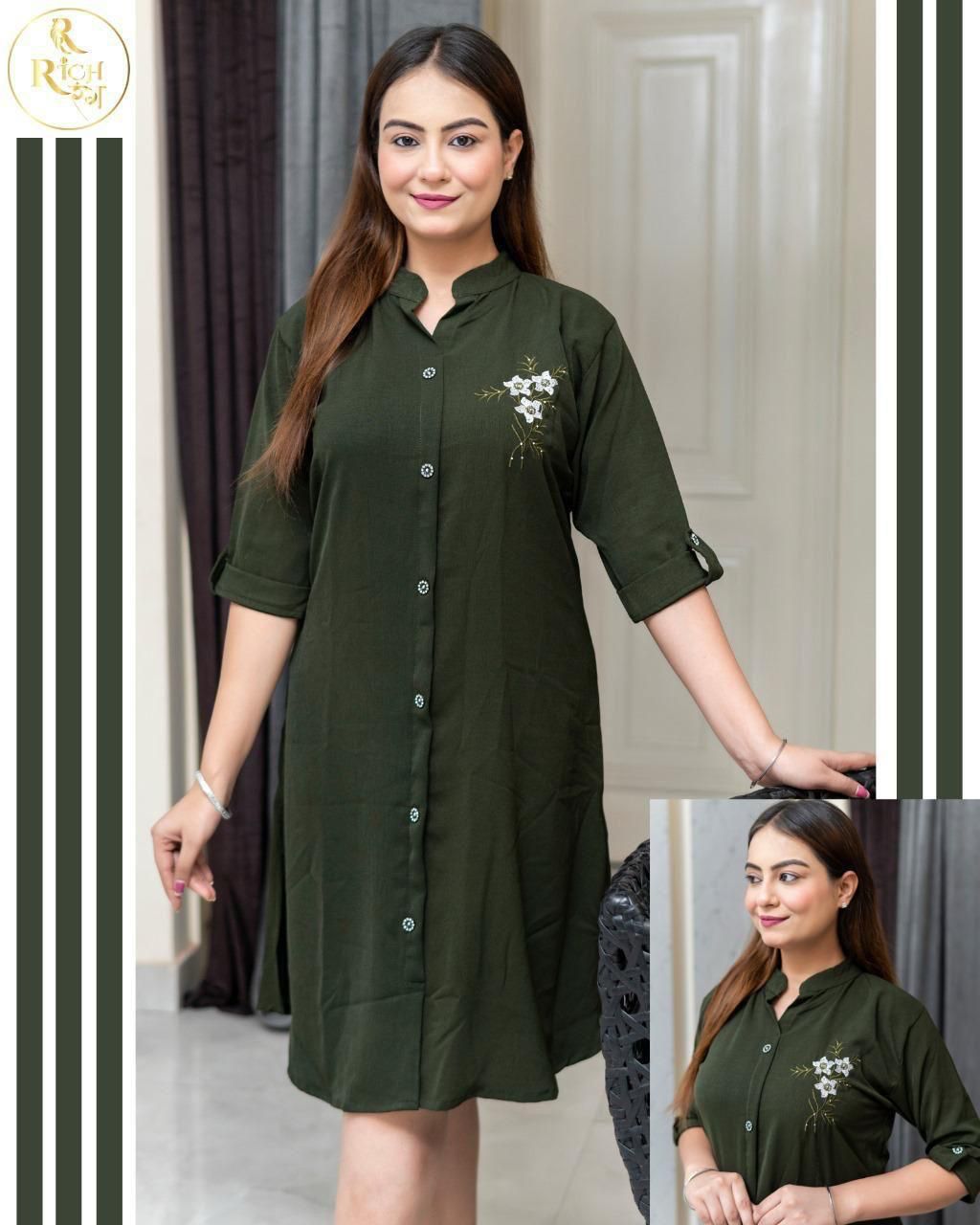 Women’s Olive Green Shirt Dress with Floral Embroidery – Size XL – Set of 6 Pieces