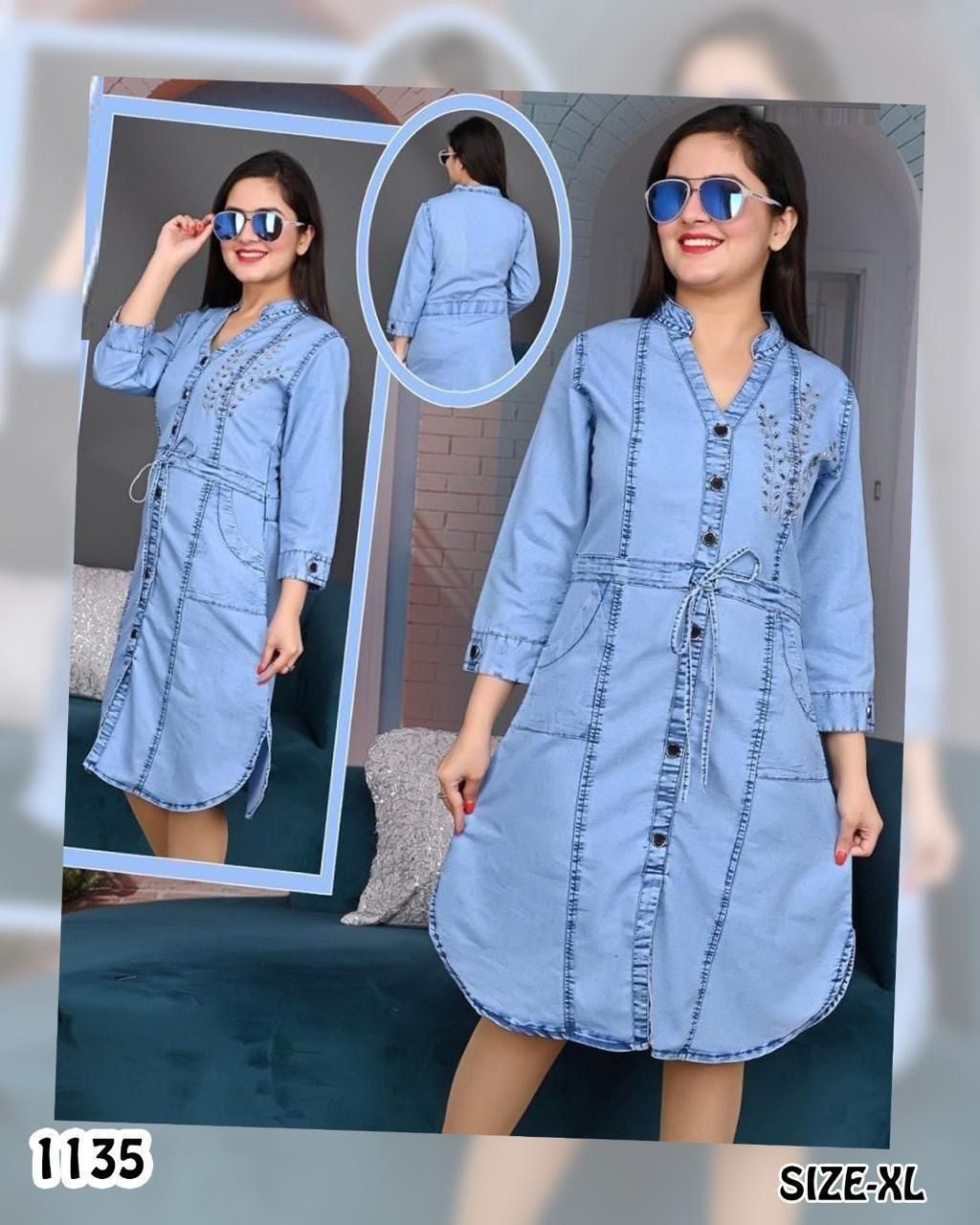 Light Blue Denim Button-Down Dress with Embroidery – Set of 6 Pieces