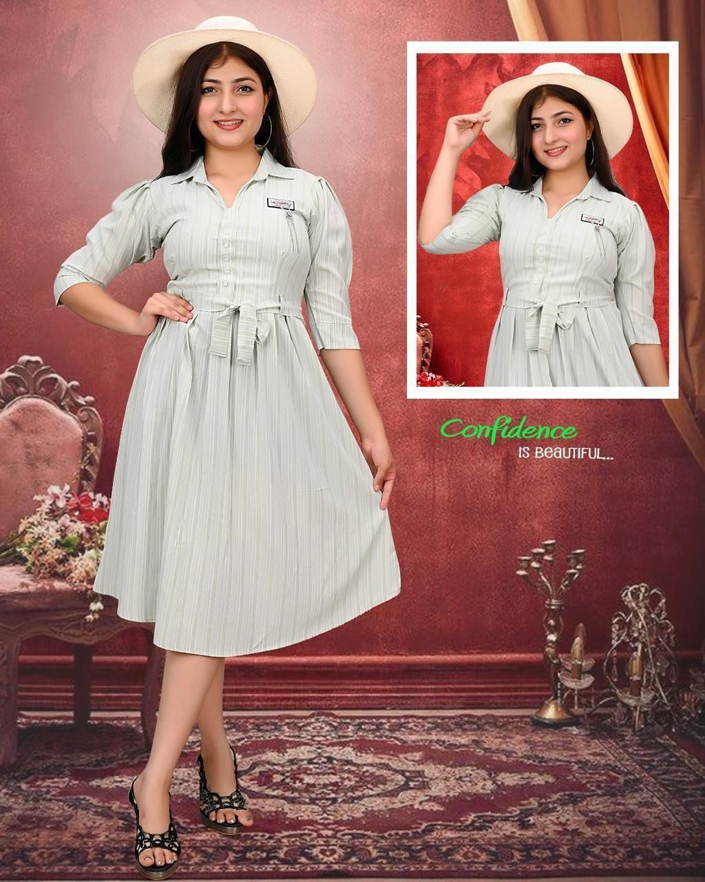 Light Grey Striped Button-Down Belted Dress – Set of 6 Pieces
