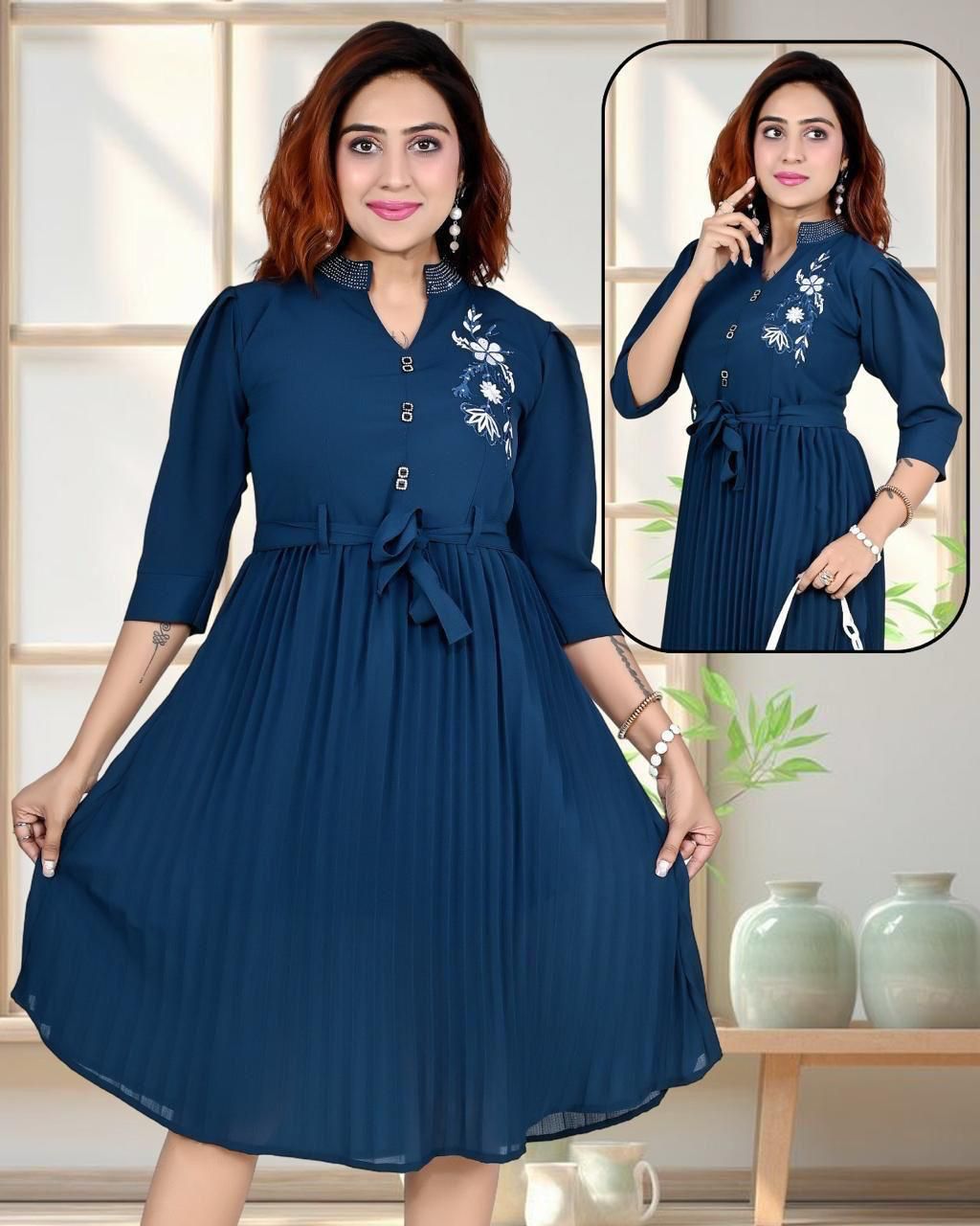 Navy Blue Pleated Dress with Embroidery and Waist Tie – Set of 6 Pieces