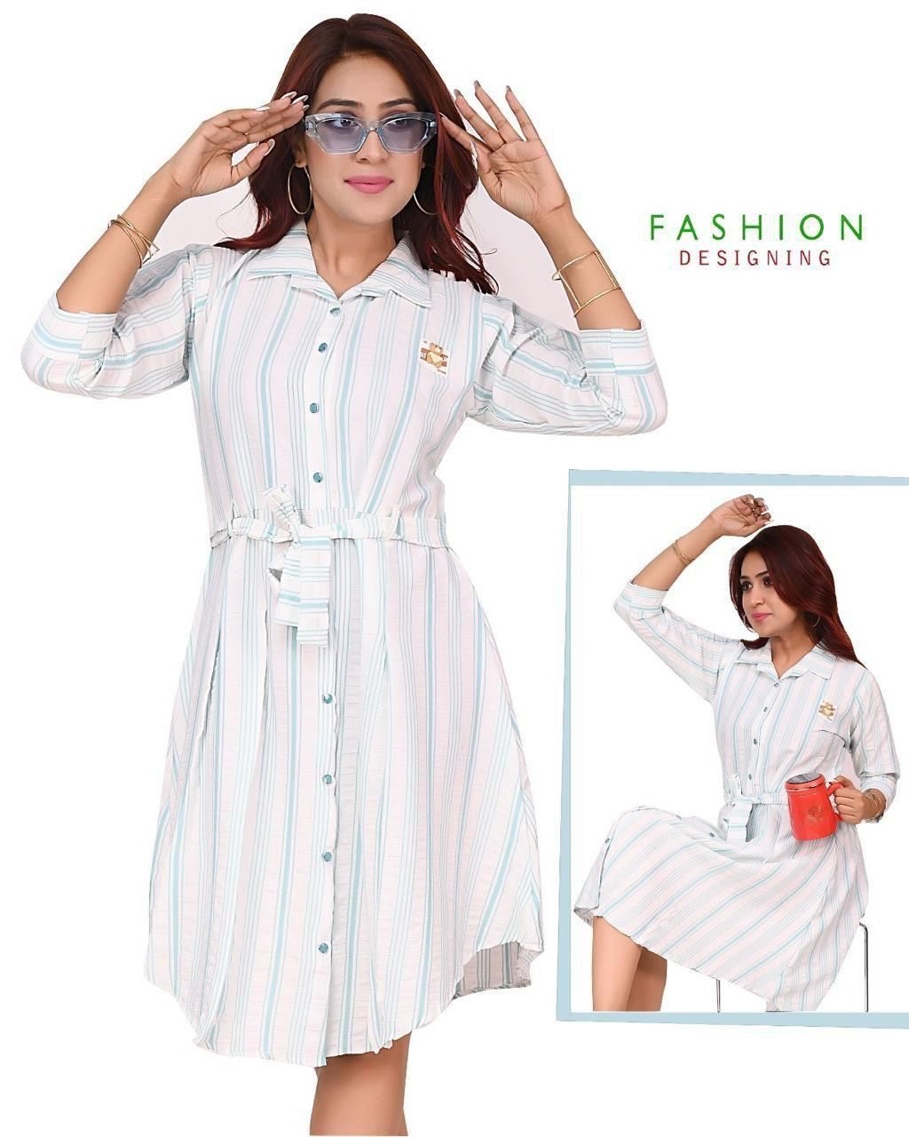White and Blue Striped Shirt Dress with Waist Tie – Set of 6 Pieces