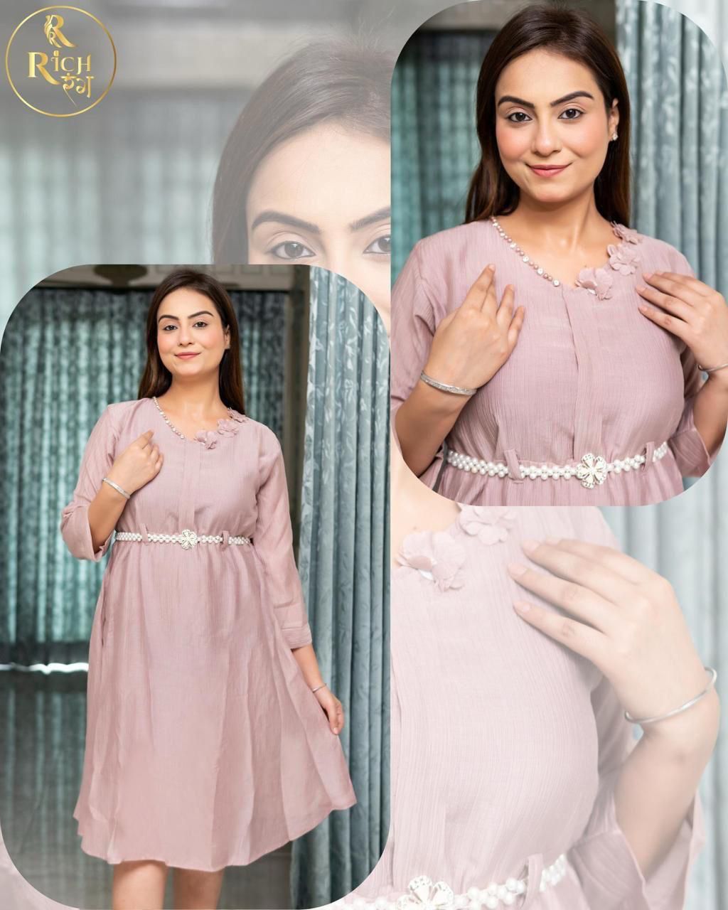 Mauve A-Line Midi Dress – Pearl & Floral Neckline, Decorative Waist Belt, 3/4 Sleeves set of 6 piece