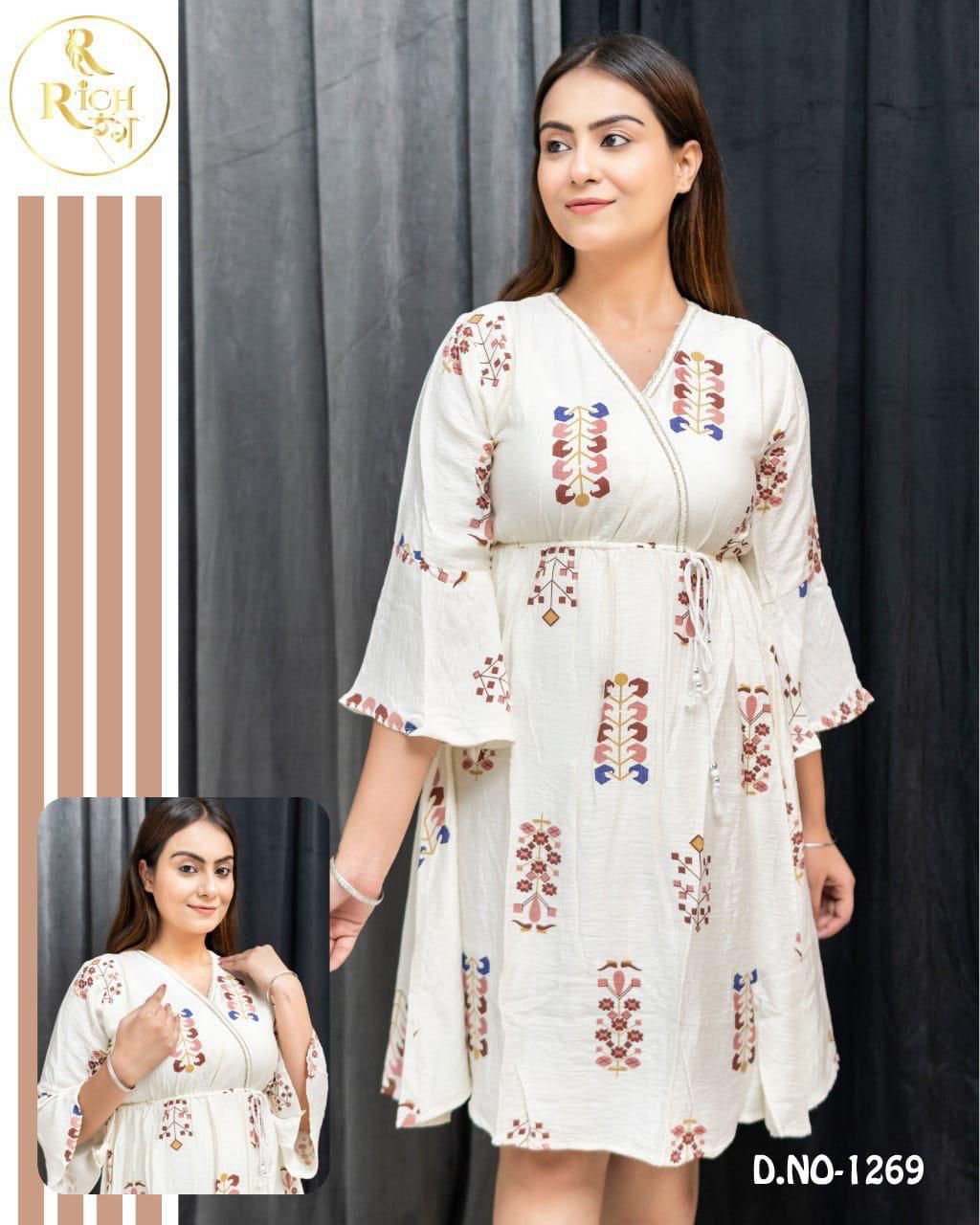 Women’s Cream Bohemian Printed Flared Dress – V-Neck, Bell Sleeves, Tie-Waist set of 6 piece