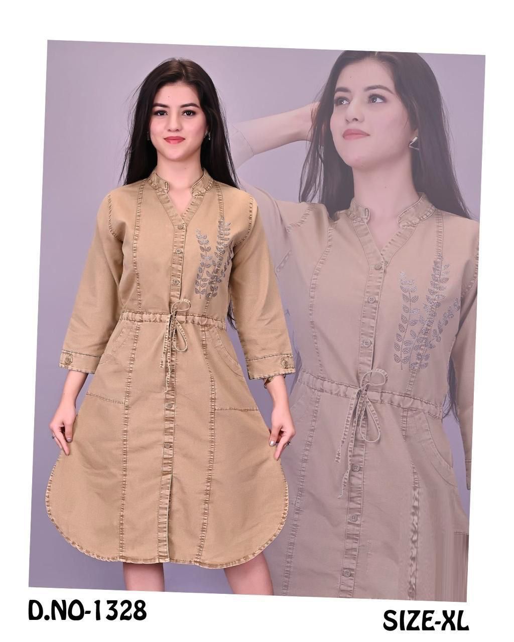 Women’s Beige Denim Shirt Dress – Embroidered Design, Drawstring Waist, Full Sleeves set of 6 piece