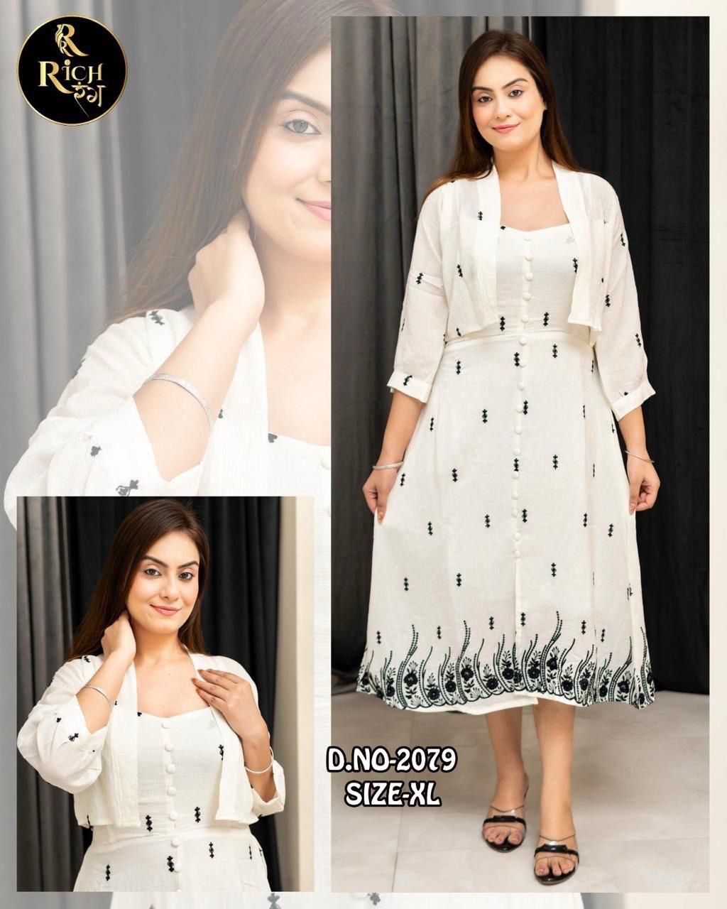 Women's White Cotton A-Line Kurti with Embroidered Jacket Set of 6 piece