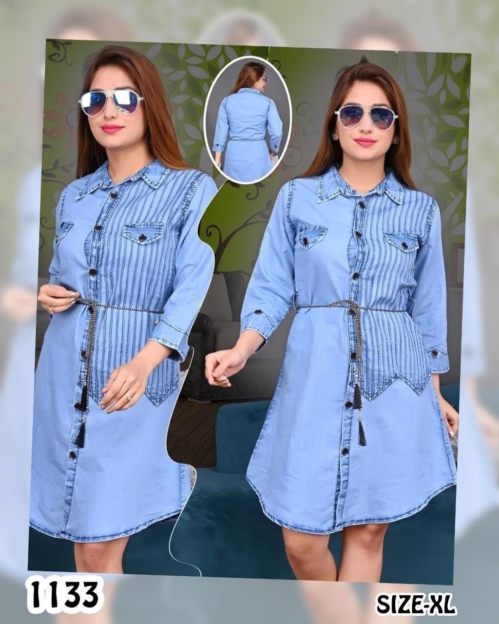 Women's A-Line Denim Dress with Collar & Tassel Tie-Up Set of 6 piece