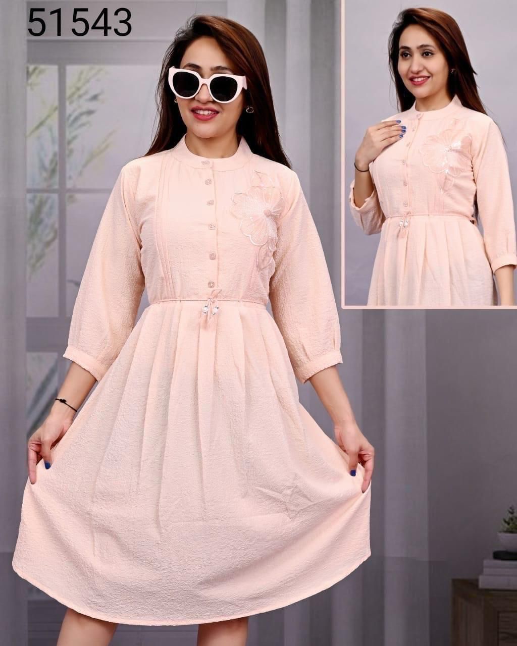 Women’s A-Line Midi Dress | Mandarin Collar & Floral Embroidery Set of 6 piece