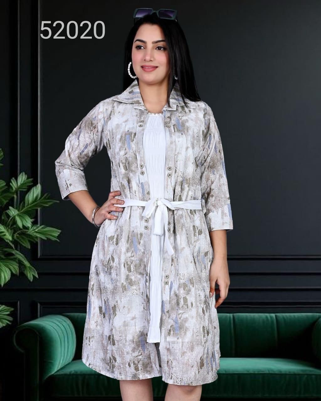 Women's Abstract Print Collared Longline Jacket with Inner Top & Belt Set of 6 piece