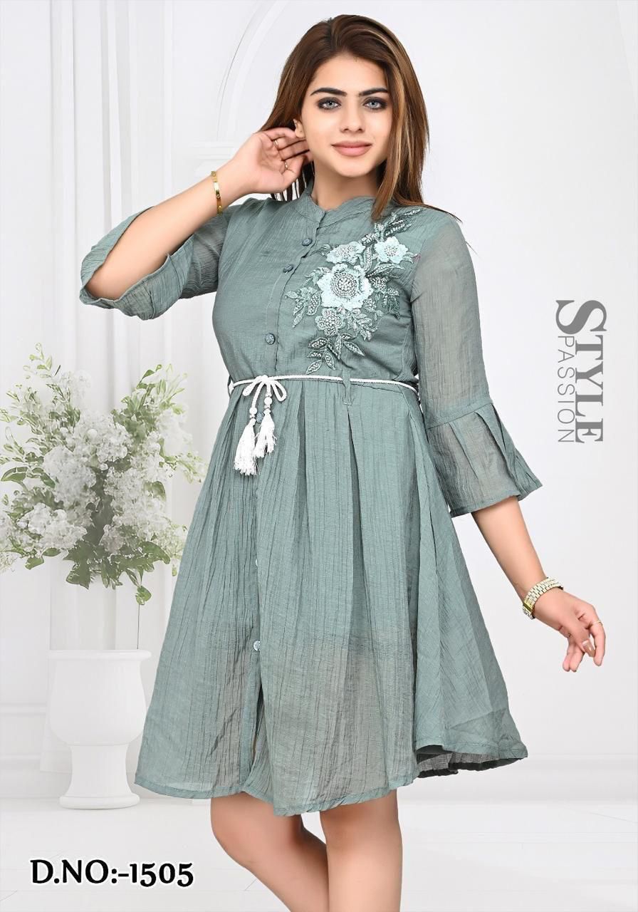 Sage Green Floral Embroidered A-Line Tunic Dress with Bell Sleeves Set of 6 piece