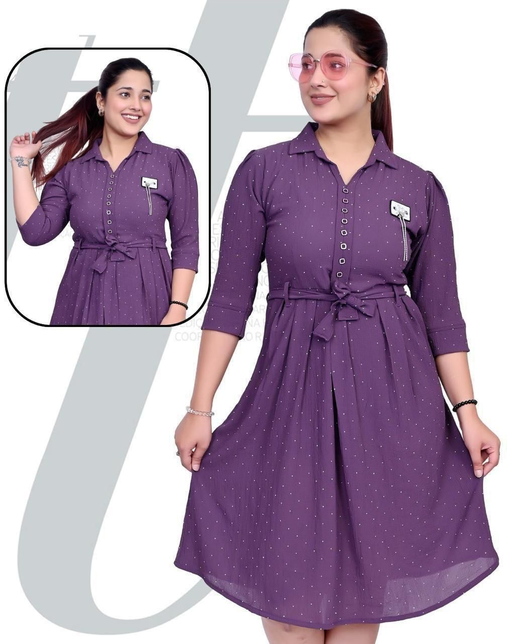 Women's A-Line Purple Polka Dot Shirt Dress with Belt Set of 6 piece