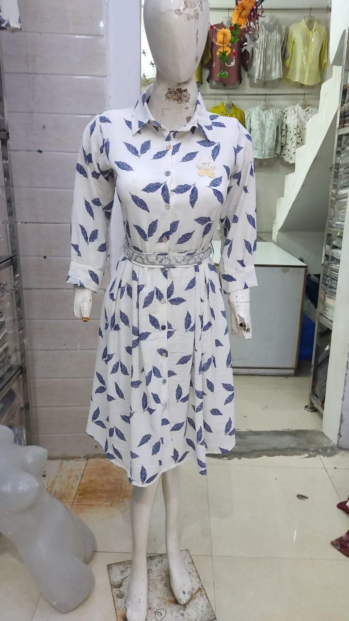 Women's Leaf Print Button-Down Shirt Dress with Belt Set of 6 piece