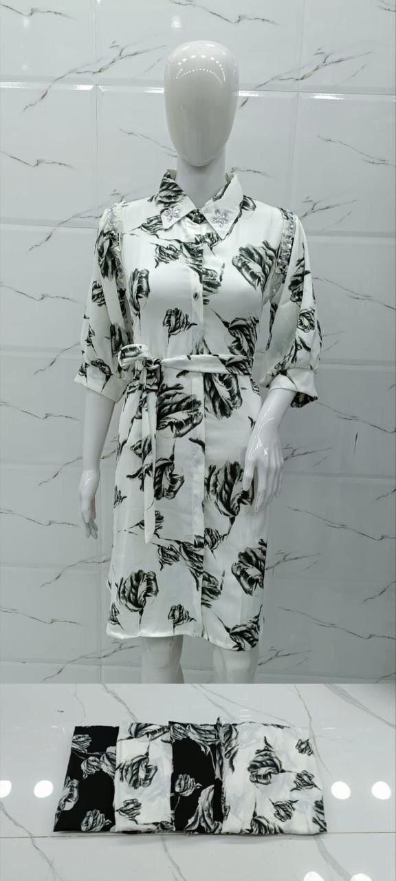 Shirt Dress with Belt – Black Floral Print on White & Black set of 6 piece