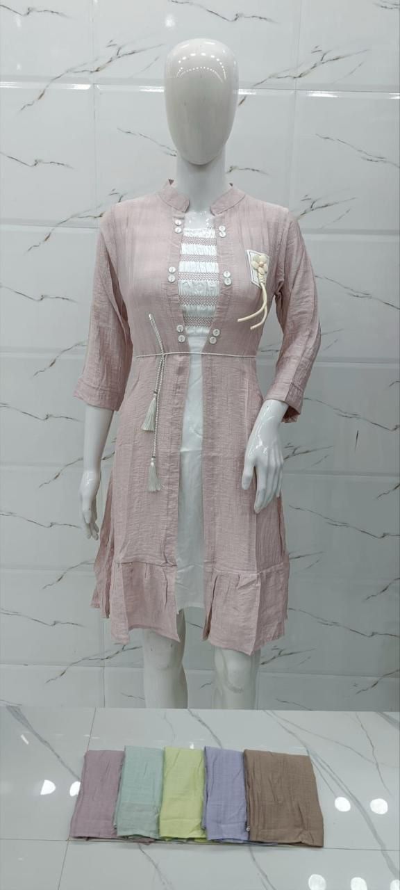 Pleated Open-Front Shirt Dress with Tassel Waist Tie & Floral Embroidery 6 Pastel Colors set of 6 piece