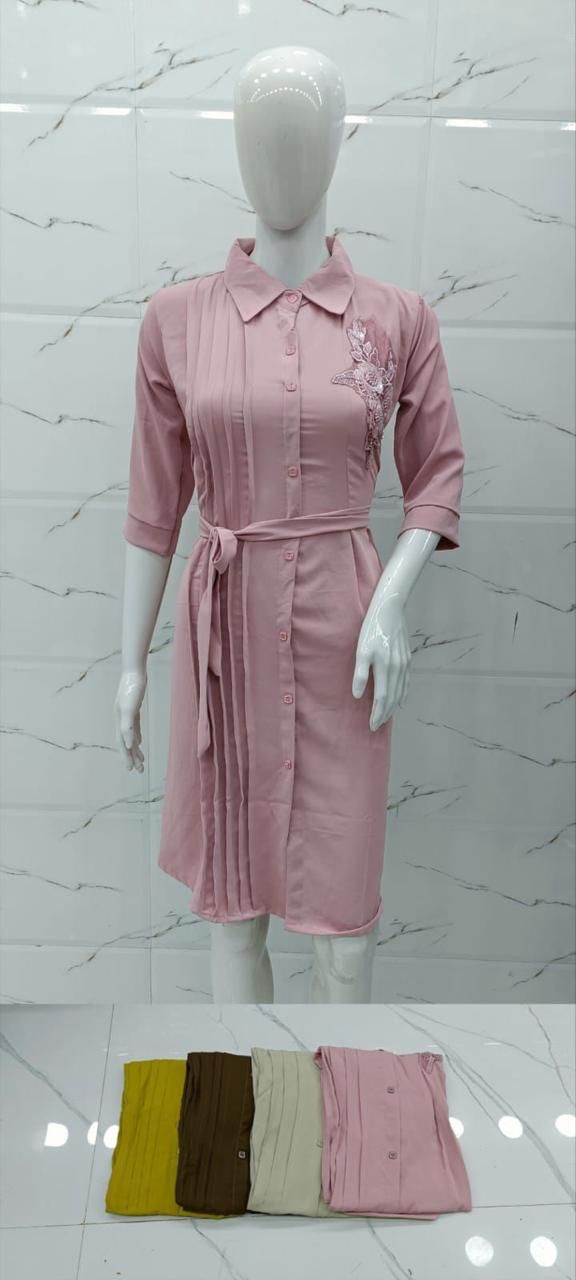 Button-Down Pleated Shirt Dress with Waist Tie & Floral Embroidery set of 6 piece with four different  color