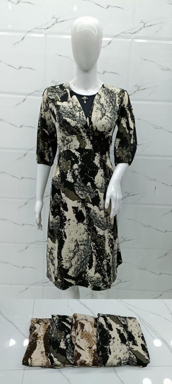 Abstract Print Knee-Length Dress with 3/4 Sleeves & V-Neckline set of 6 pieces