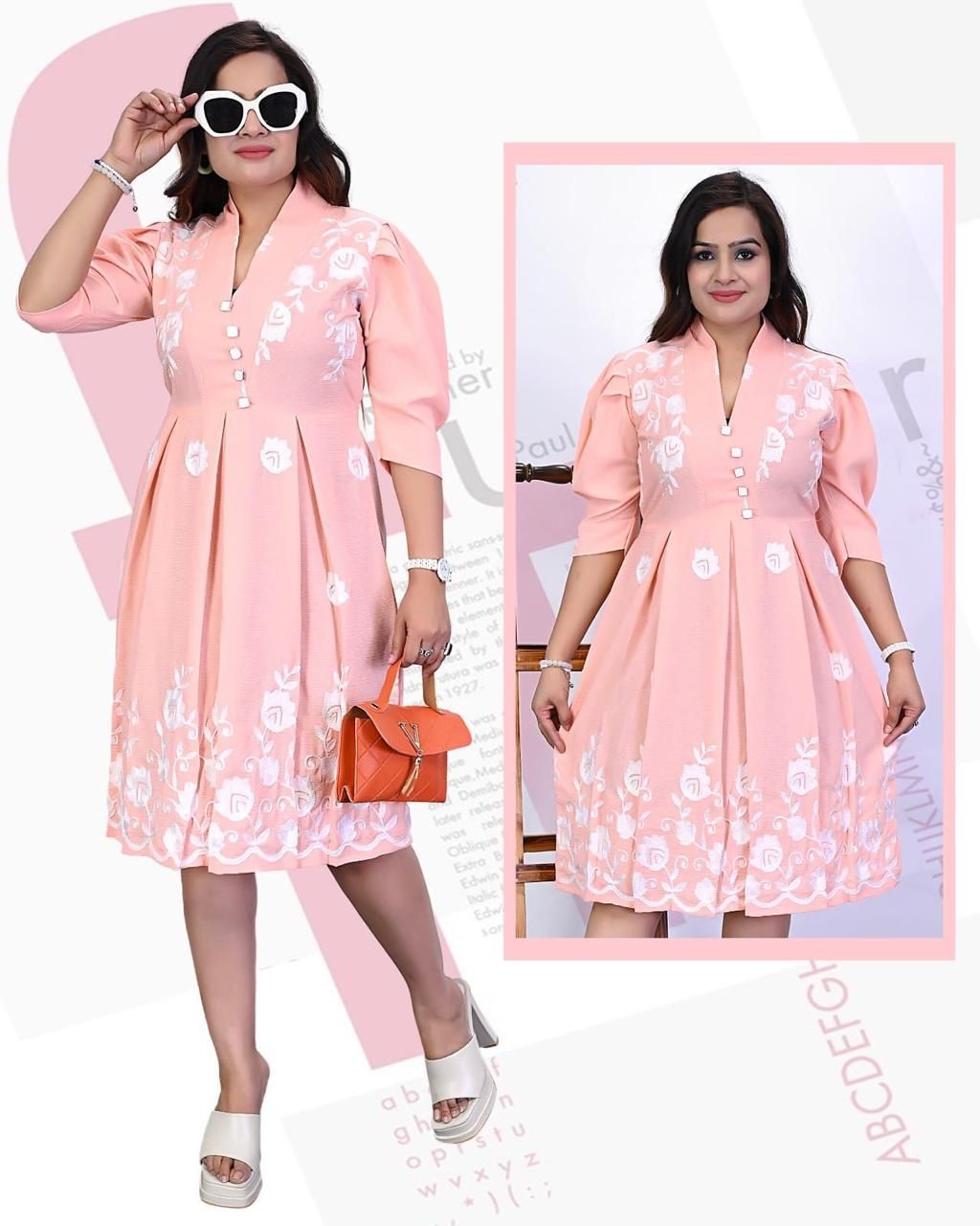 Peach A-Line Embroidered Knee-Length Dress with Puff Sleeves & Pleated Skirt set of 6 pieces