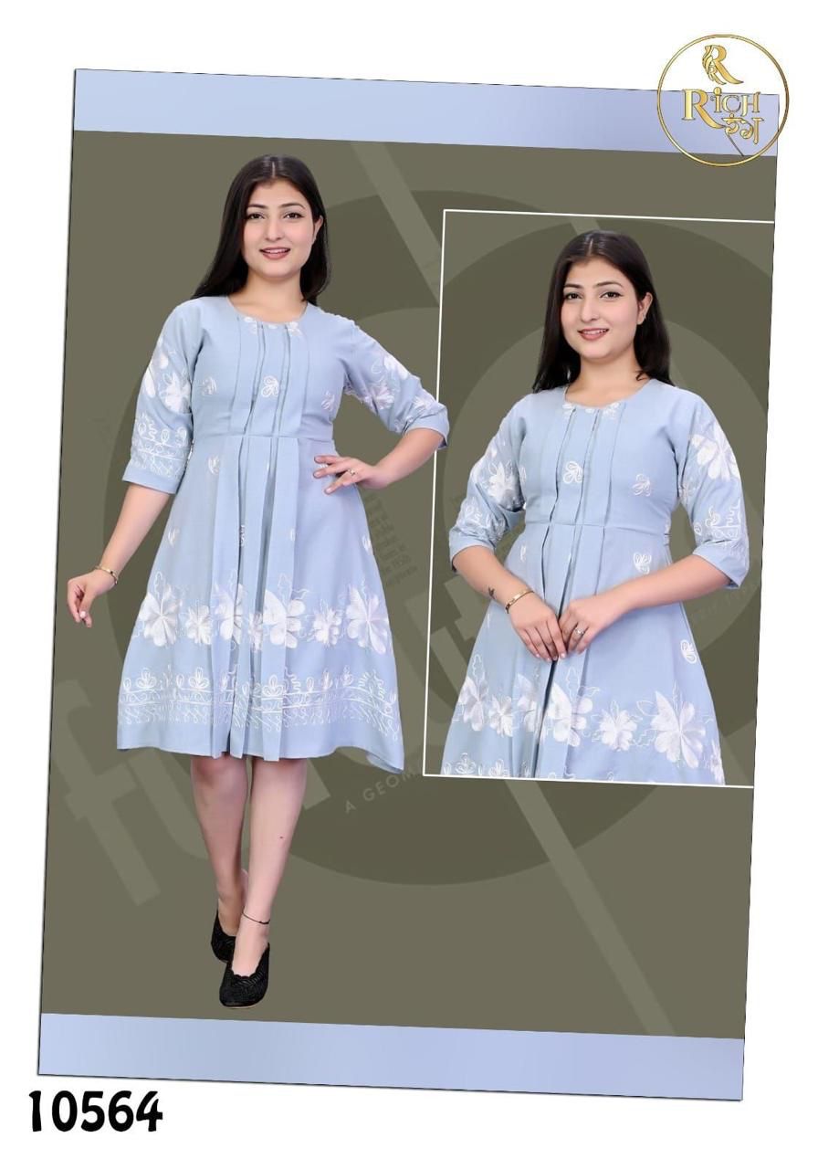Sky Blue Floral Embroidered A-Line Dress with 3/4 Sleeves Elegant Casual & Party Wear set of 6 pieces