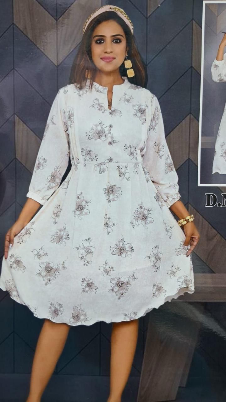 White Floral Printed A-Line Dress with Mandarin Collar & 3/4 Sleeves set of 6 pieces
