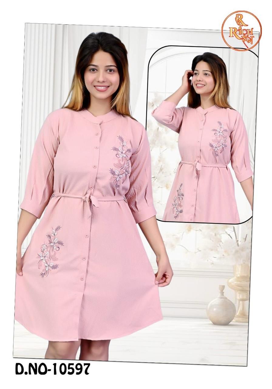 Light Pink Button-Down A-Line Dress with Floral Embroidery & Waist Tie – 3/4 Sleeves set of 6 pieces