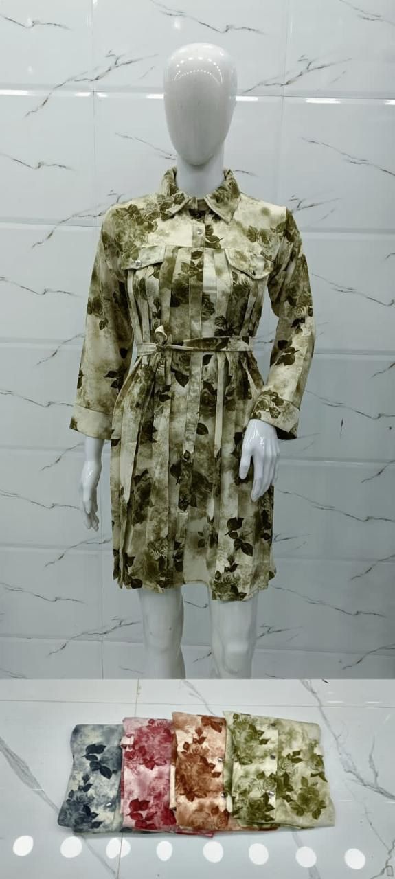 Floral Print Pleated Shirt Dress with Belt set of 6 pieces