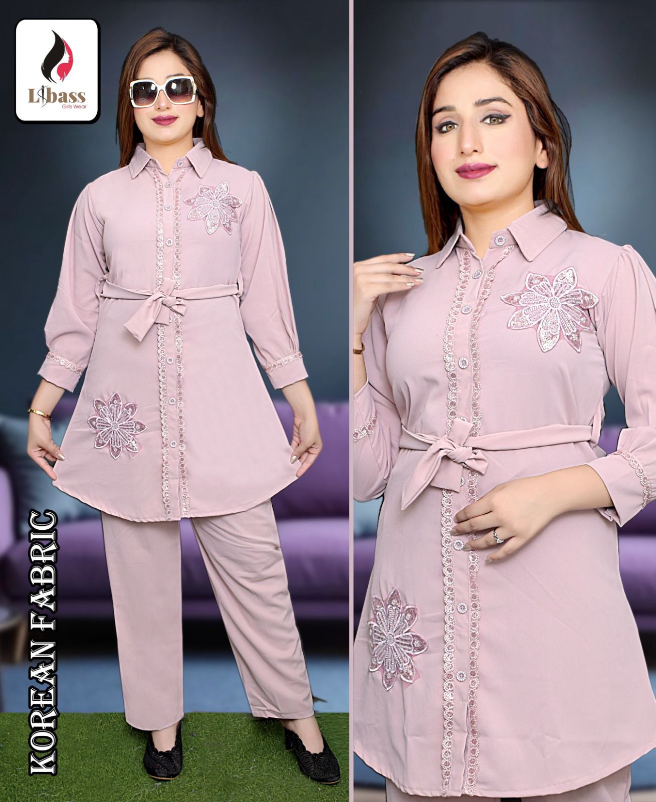 Light Pink Korean Fabric Embroidered Long Shirt with Pants  Elegant Two-Piece Set of 6 piece