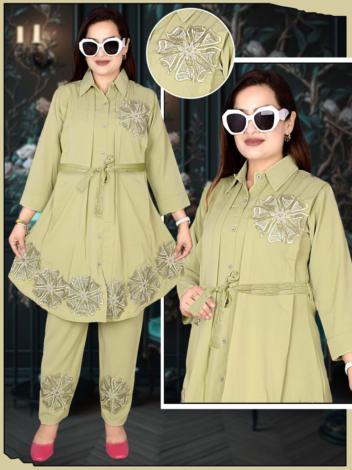 Women’s Light Olive Embroidered Long Shirt with Pants – Stylish Two-Piece Set of 6 pieces