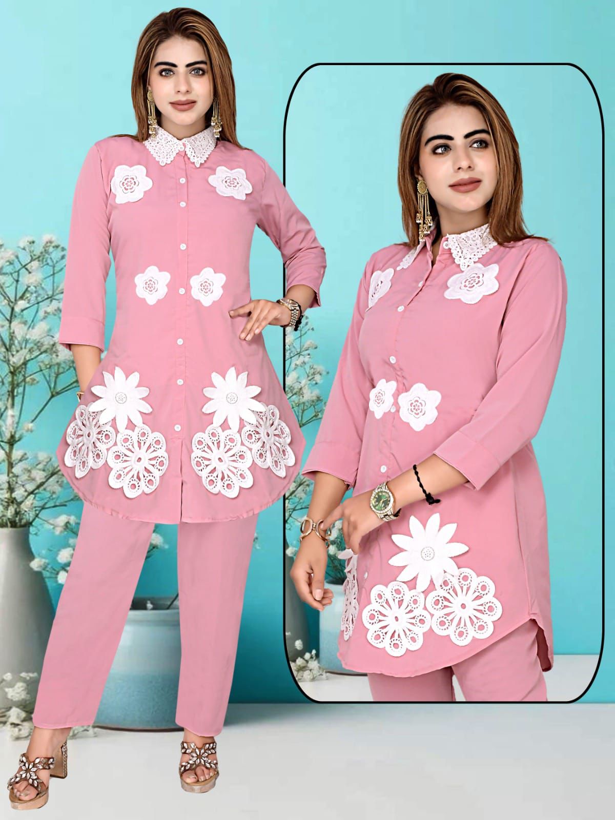 Women’s Pink Floral Appliqué Long Shirt with Pants – Elegant Two-Piece Set of 6 pieces