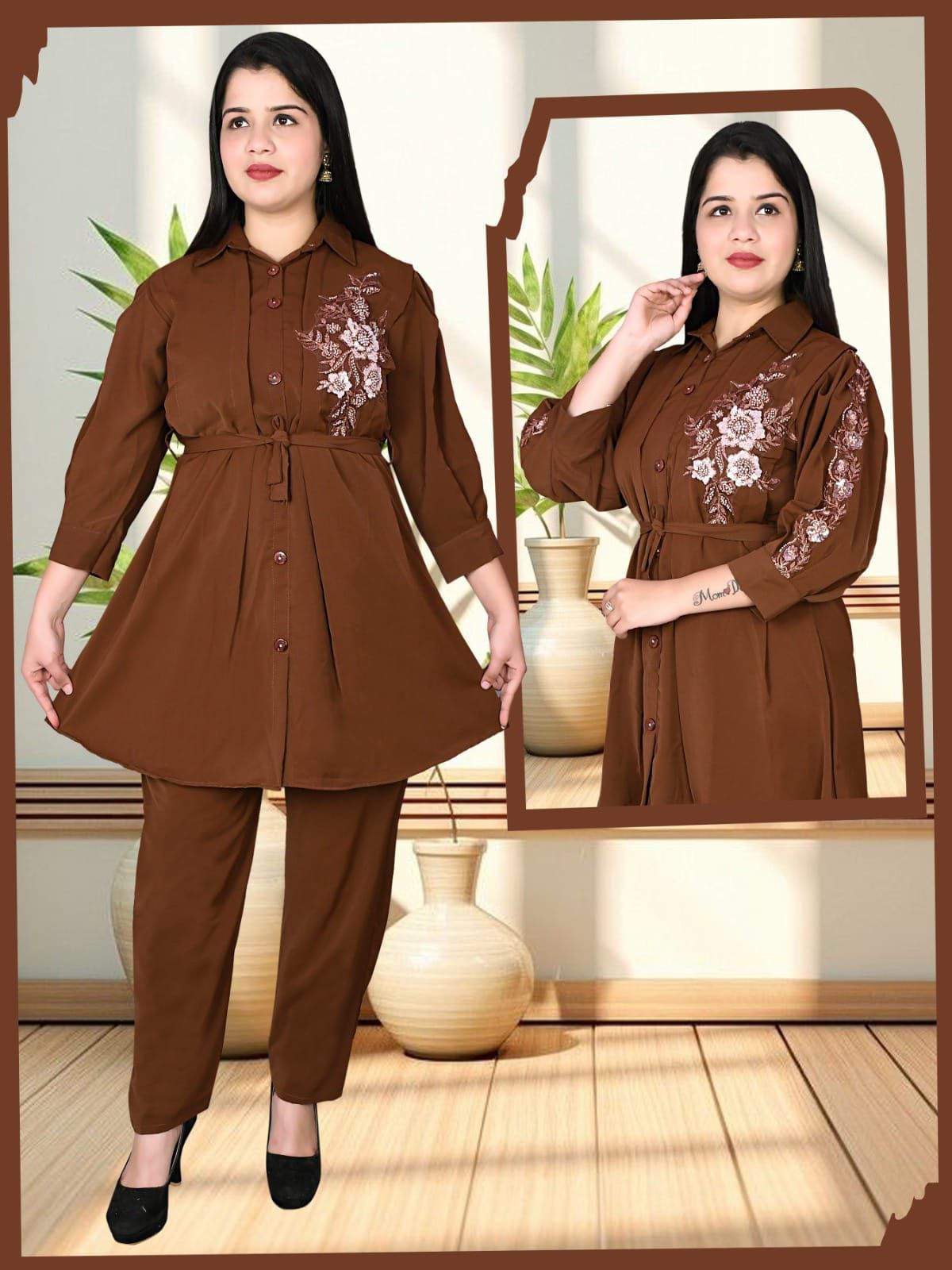 Women’s Brown Embroidered Long Shirt with Pants Set Casual & Elegant Two-Piece Outfit Set of 6 Pieces