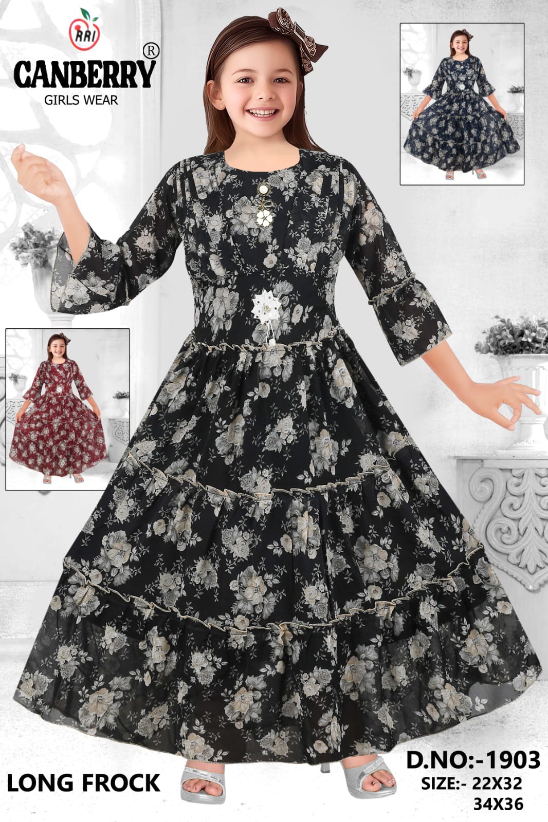 Black Floral Long Frock Full-Length Dress Set of 6 Pieces