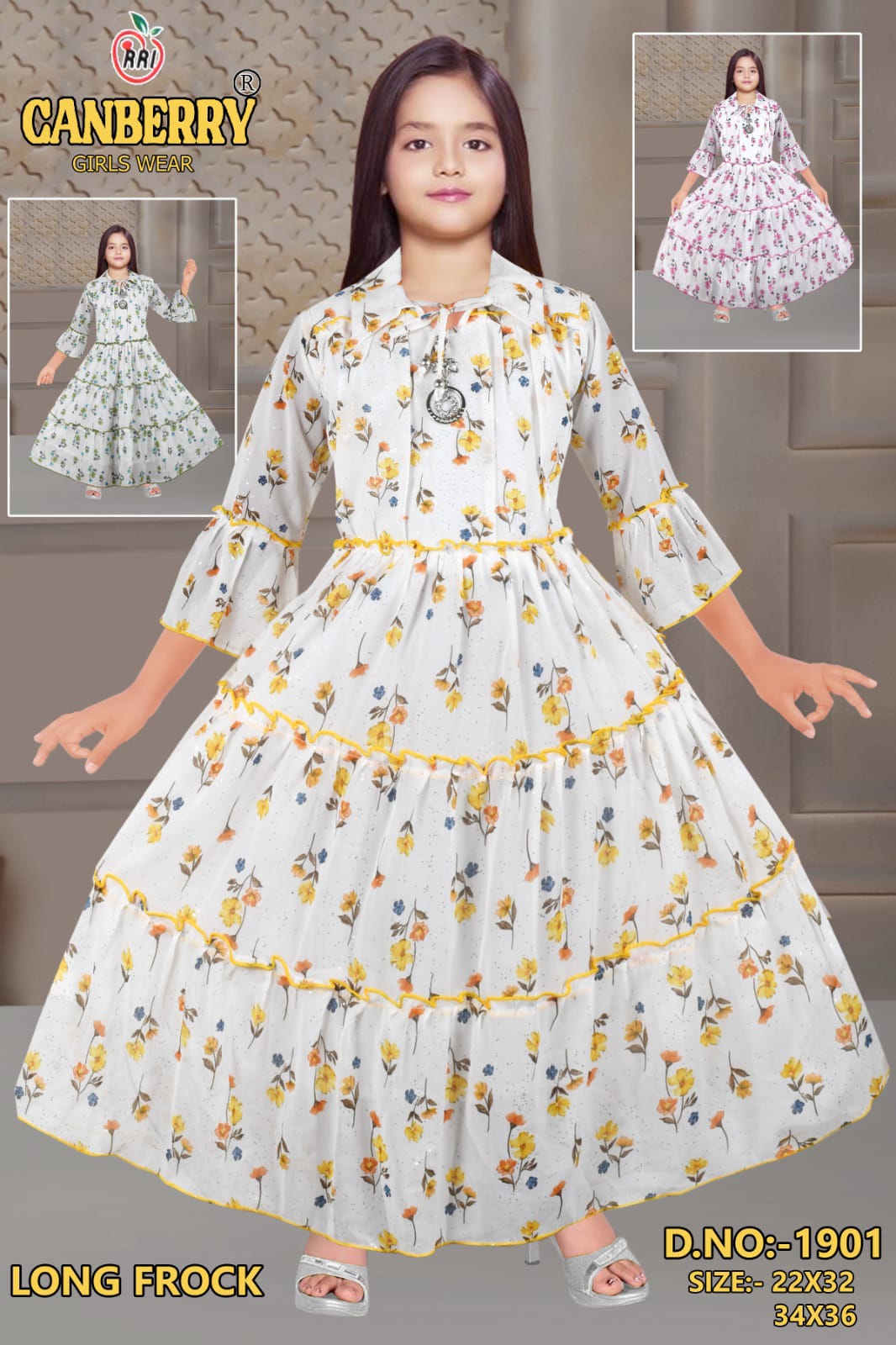 White Floral Long Frock with Yellow Print Set of 6 pieces