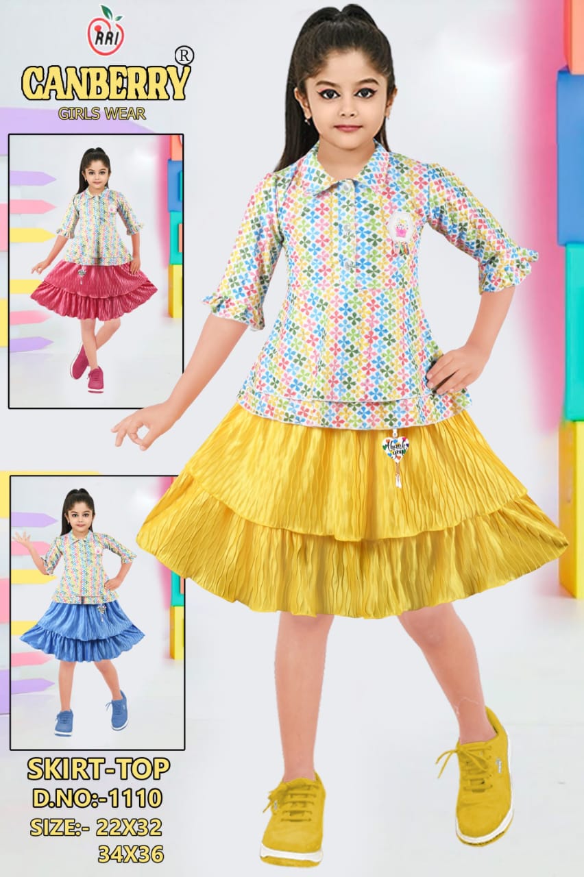 Girls Skirt-Top Set Multicolor Printed Shirt with Layered Pleated Skirt set of 6 pieces
