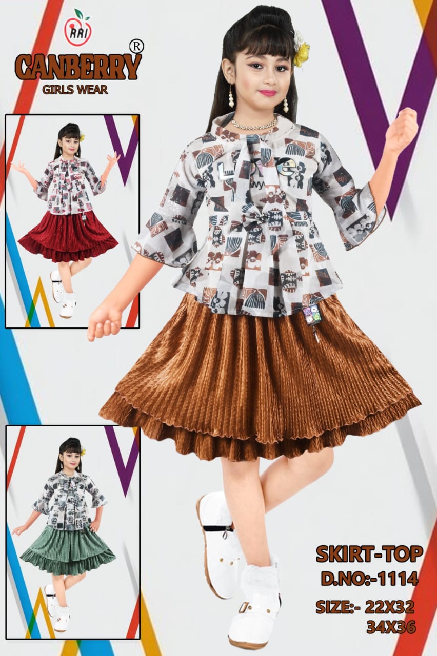 Girls Skirt-Top Set  Printed Bow-Tie Shirt with Pleated Skirt set of 6 pieces