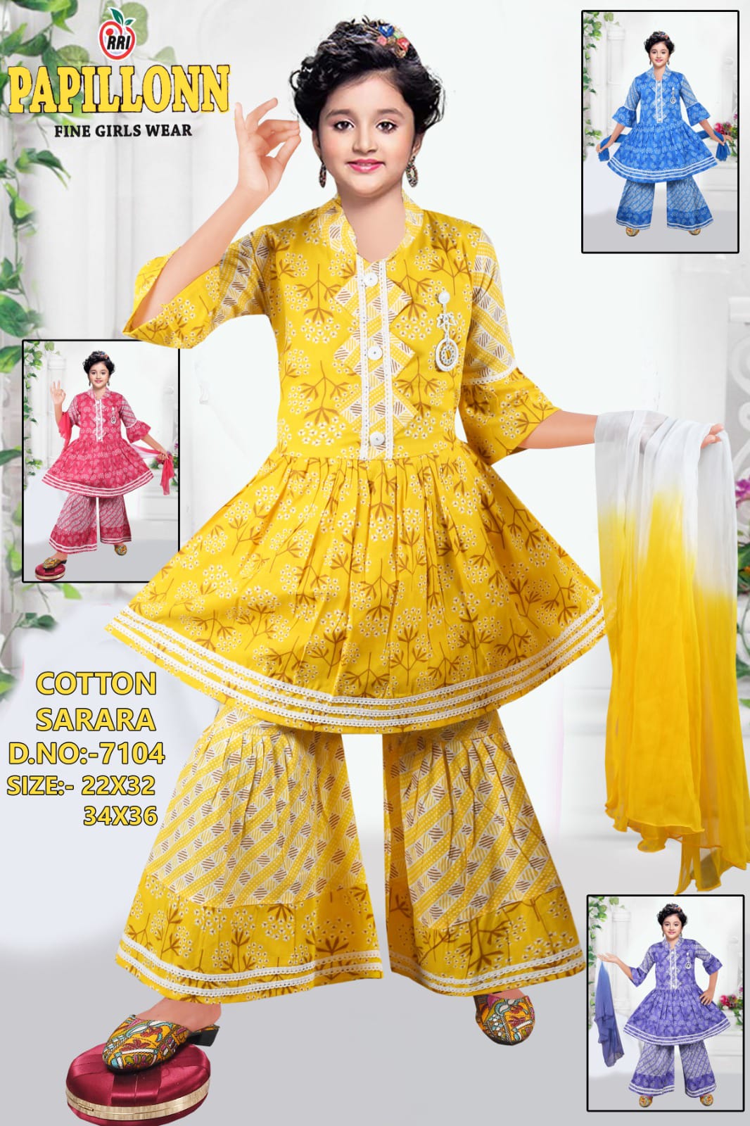 Girls Cotton Sarara Set Printed Kurti with Flared Sarara & Dupatta set of 6 pieces