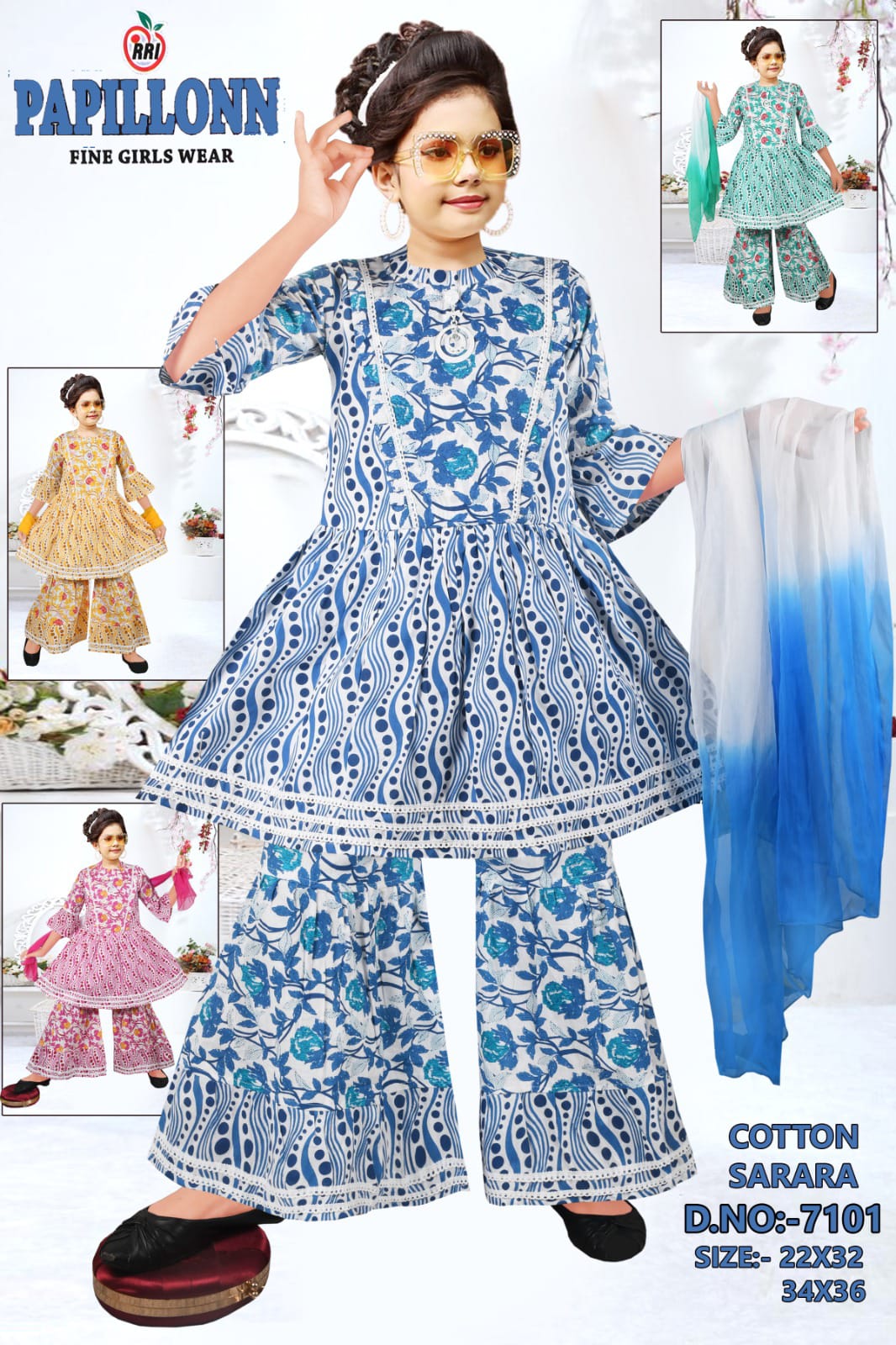 Girls Cotton Sarara Set with Dupatta set of 6 pieces