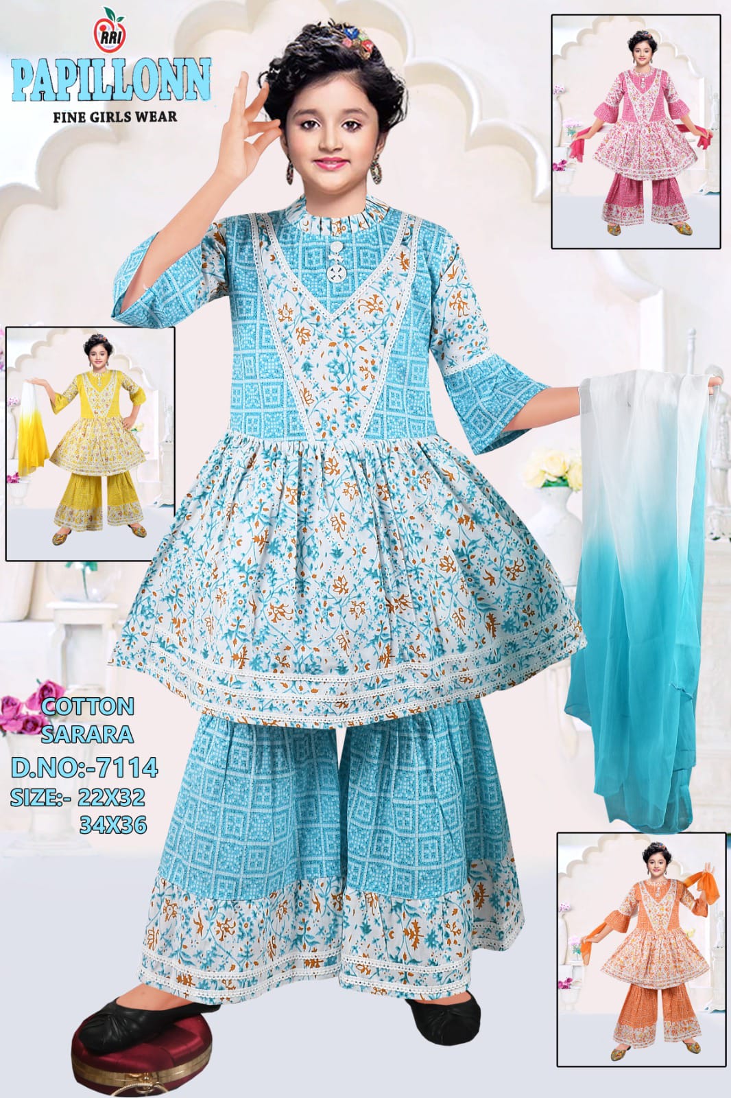 Girls Cotton Sharara Set with Dupatta set of 6 pieces