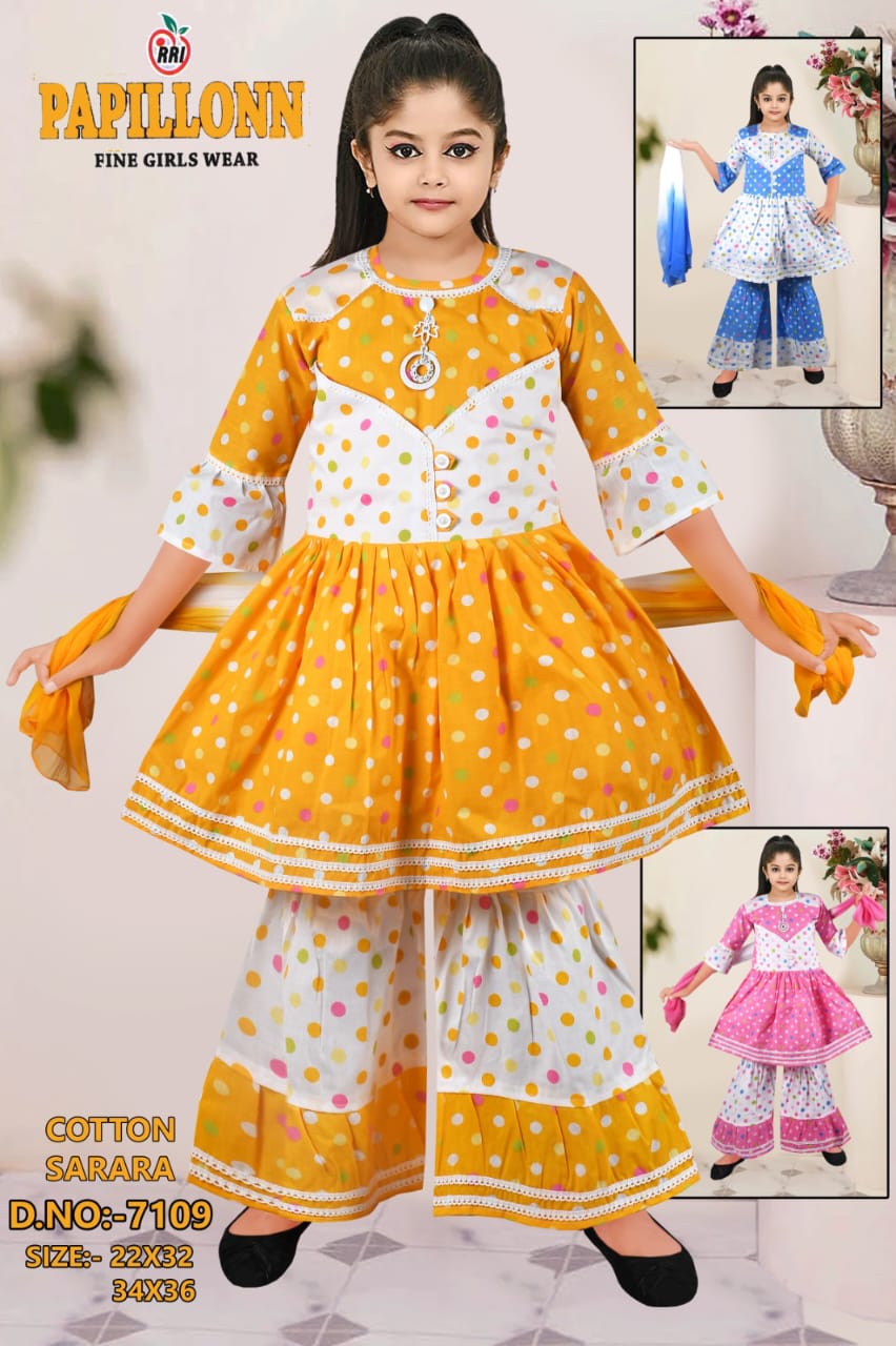Girls Cotton Sarara Set with Polka Dot Print & Dupatta set of 6 pieces